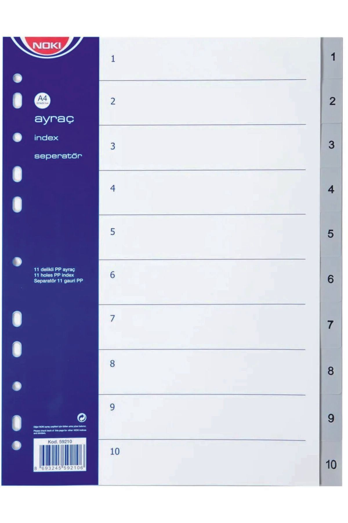 Noki Seperatör 1-10 Rakamlı Plastik A4 Dosya Ayraç Seperatör