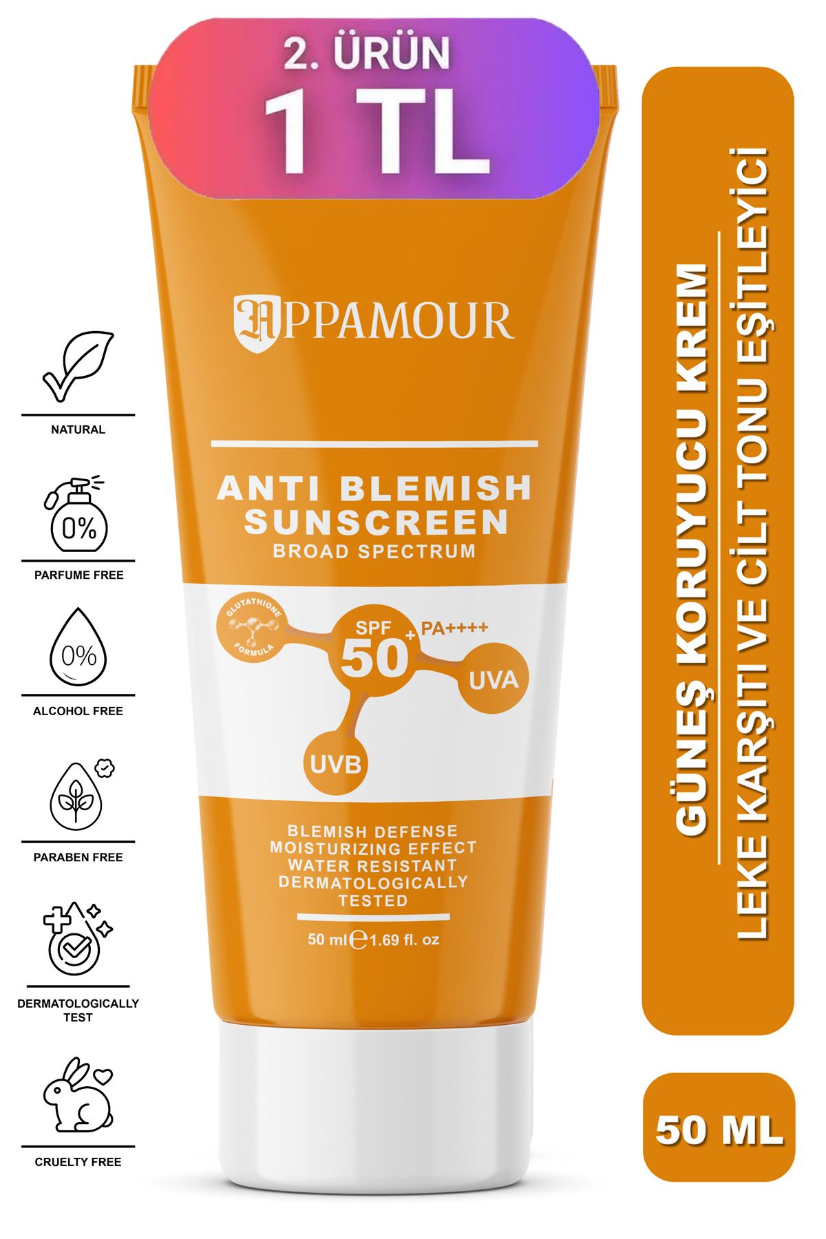 appamour Leke Karşıtı Tüm Ciltler Için Yüksek Korumalı Spf 50 Güneş Kremi Glutatyon Etkili 50 ml