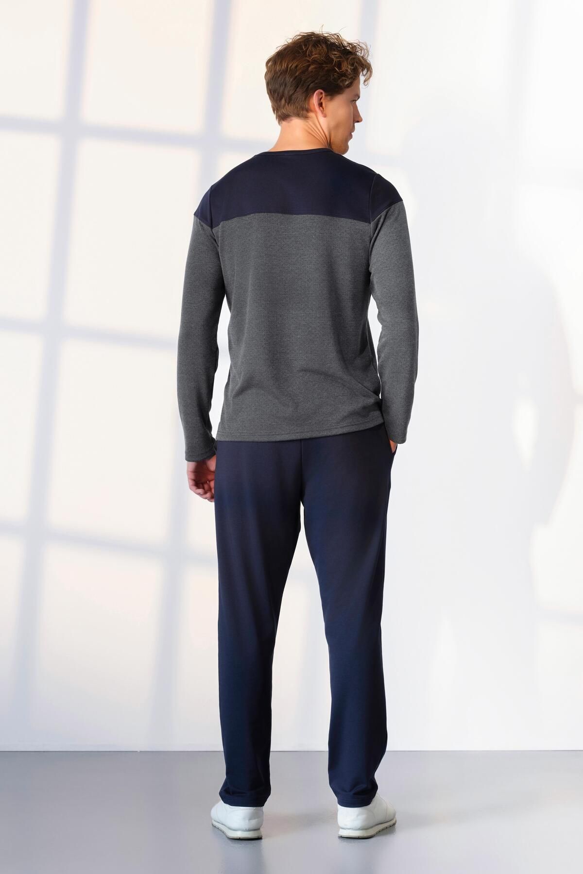 Doreanse-Men's Long Sleeve Jacquard Navy Blue Pajamas Suit C2T3N5O4 2