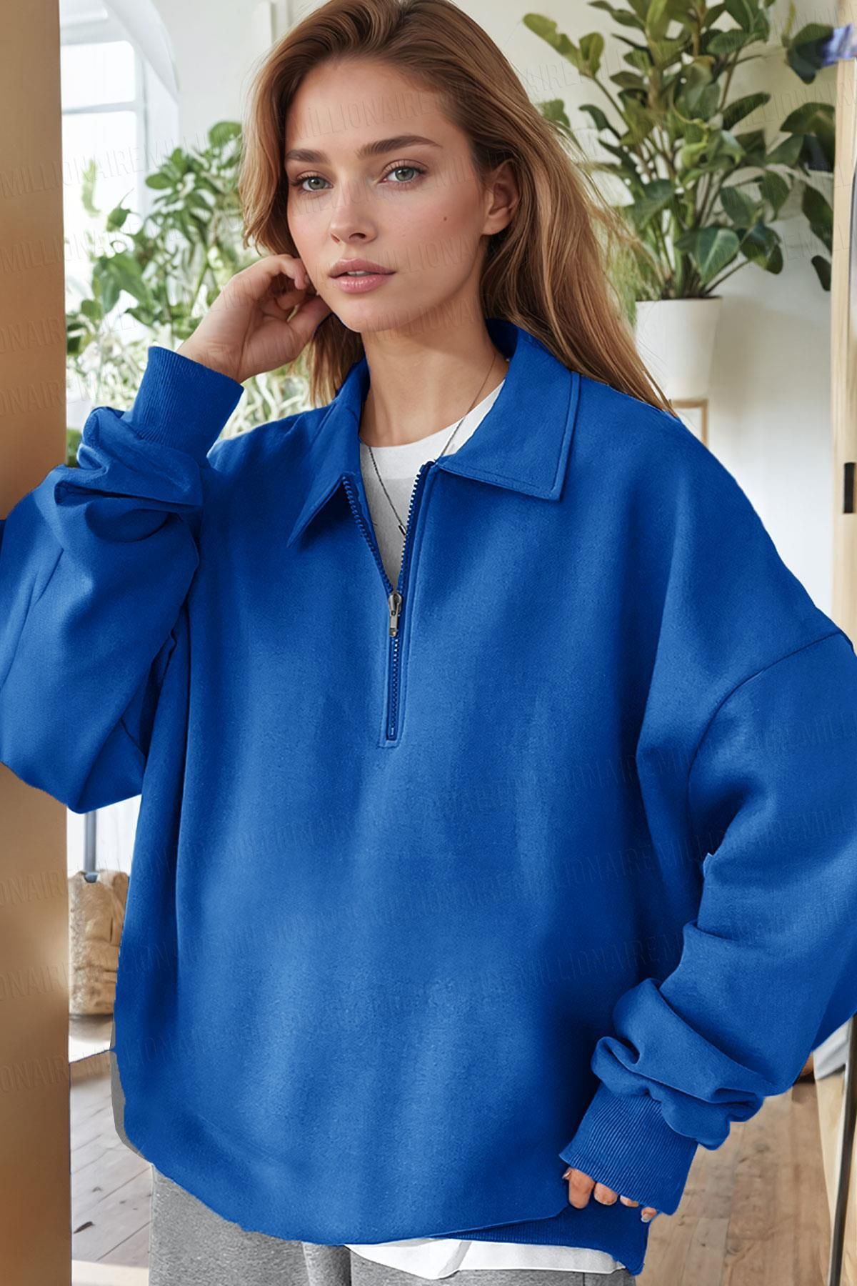 Millionaire-Women's Blue Half Zipper Polo Collar 3 Thread Fleece Ribbed Oversize Sweatshirt 2