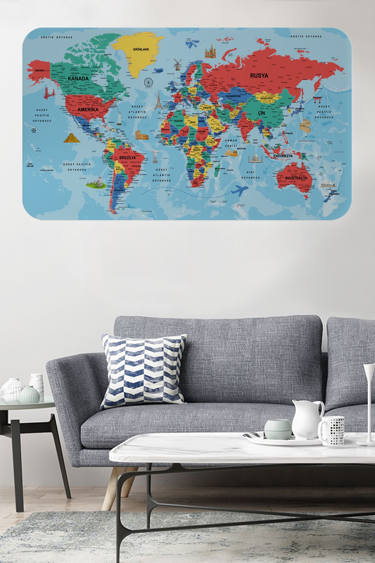 Haye Collection Türkçe Eğitici Ülke ve Başkent Okyanus Detaylı Atlası Dünya Haritası Duvar Sticker -60x105-3863