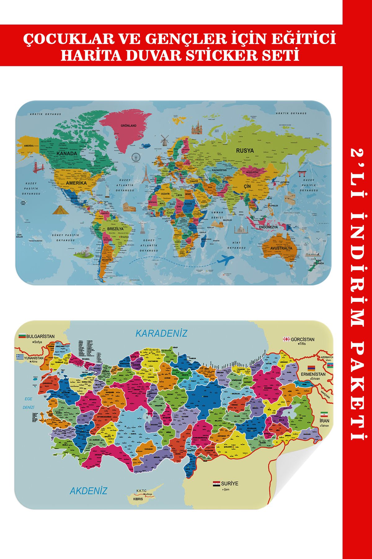 Haye Collection Eğitici ve Öğretici Dünya ve Türkiye Haritası Çocuk Odası Duvar Sticker-60x105-3882