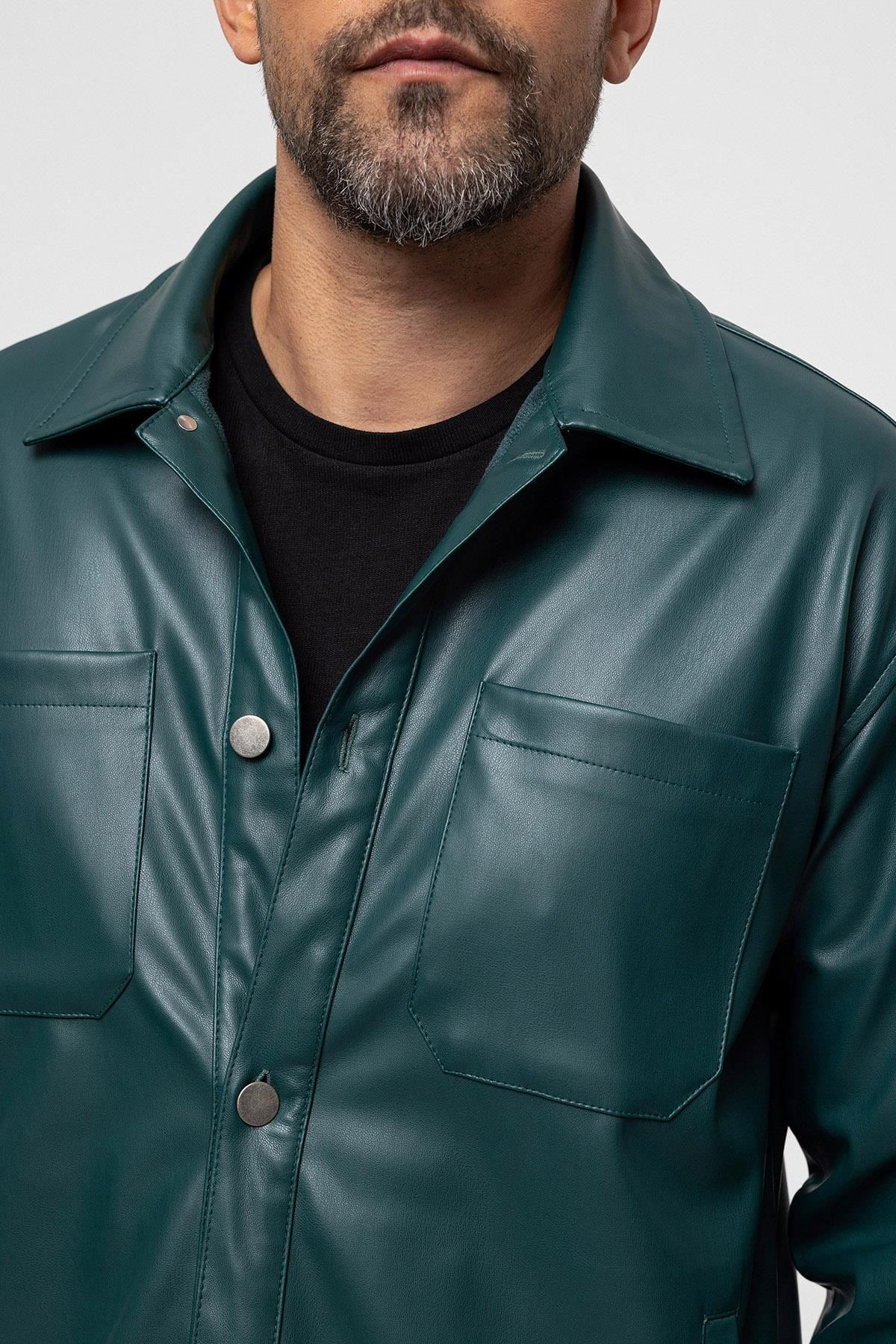 Antioch-Green Faux Leather Men's Thin Coat 6