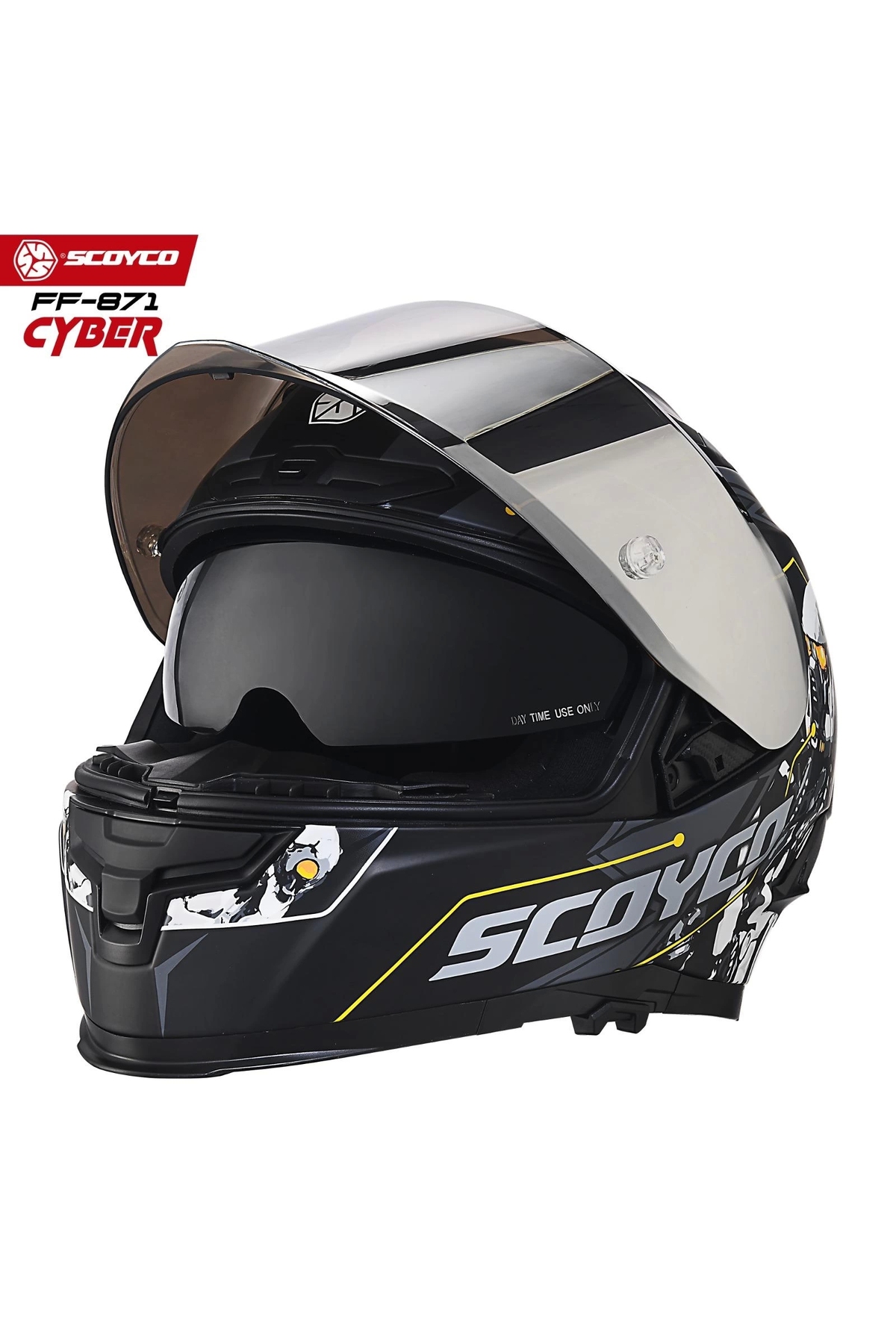 Resim Scoyco FF-871 CYBER MAT SİYAH-GRİ GÜNEŞ VİZÖRLÜ KAPALI KASK (GRİ CAMLI) 
