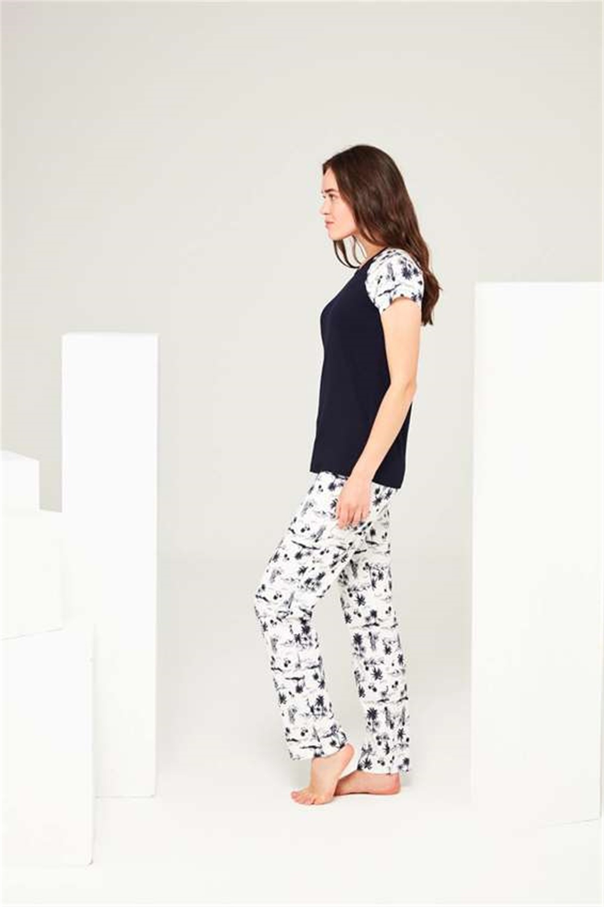 Mod Collection-3676 Costum de pijama de damă bleumarin cu gât rotund 2