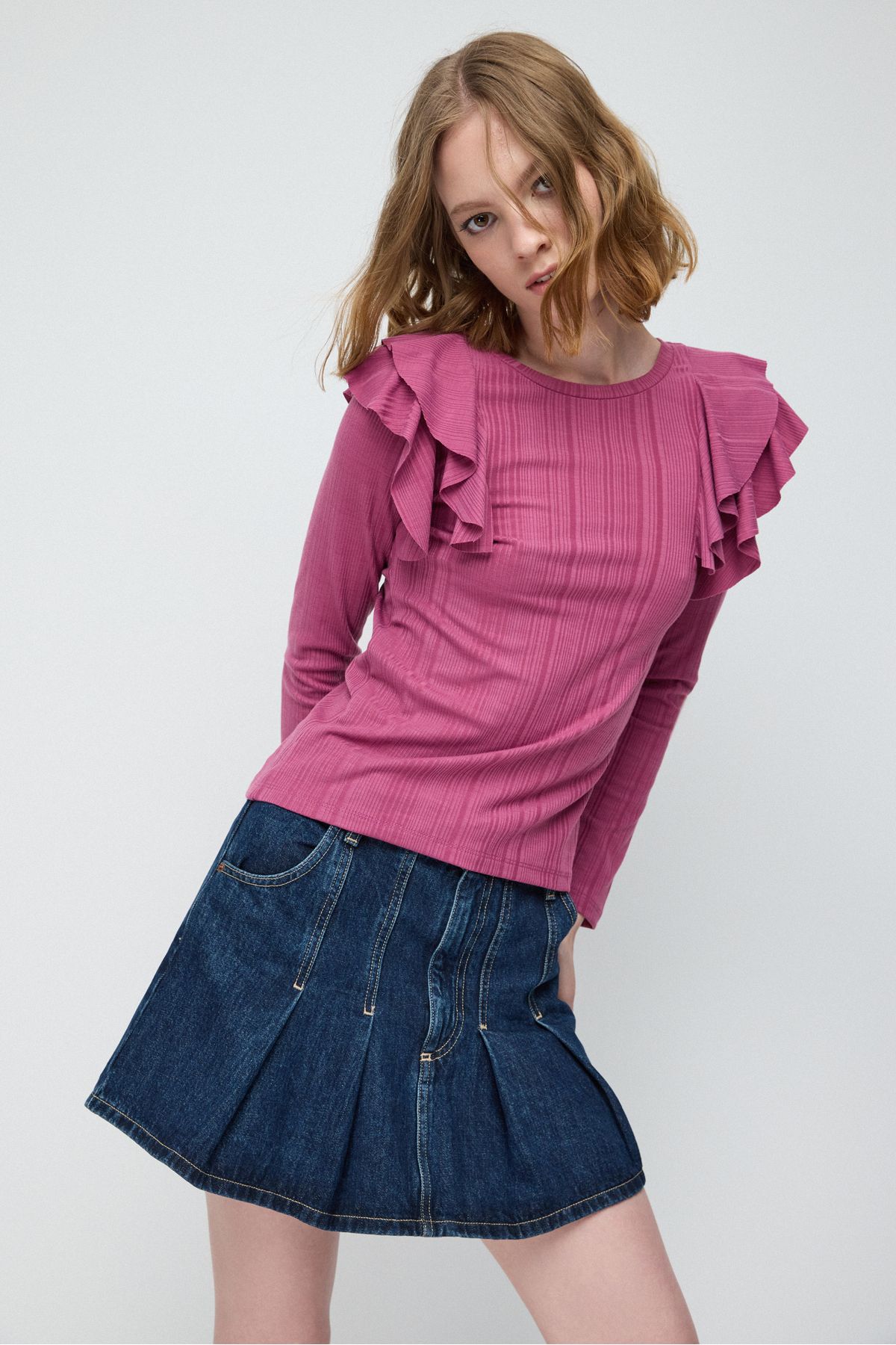 No Matter What-Ribbed Fabric Ruffle Sleeve Blouse 1