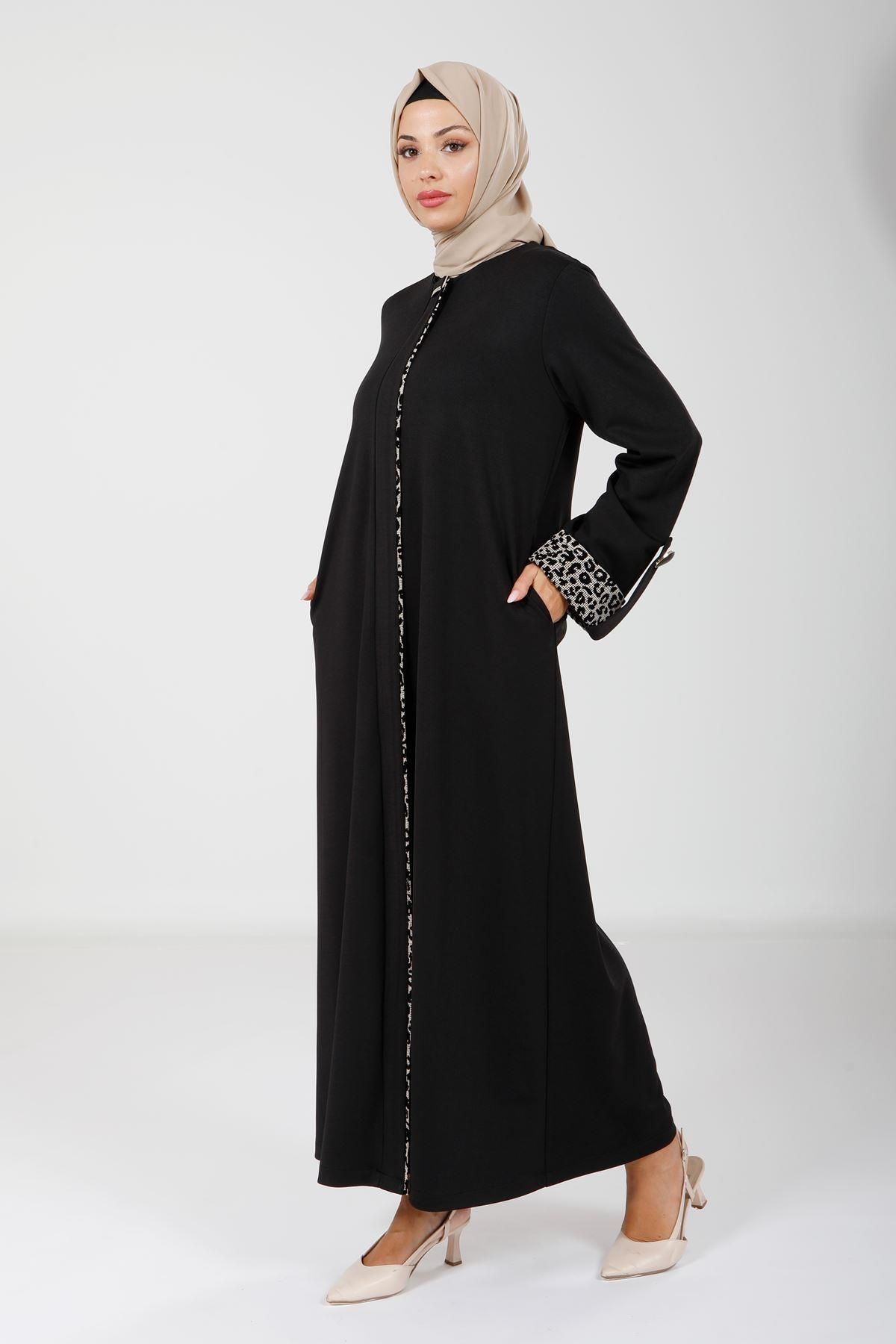 مانتو و عبای پوشیده زنانه باند دقیق HIJAB مشکی FERACE 9051 Beyza