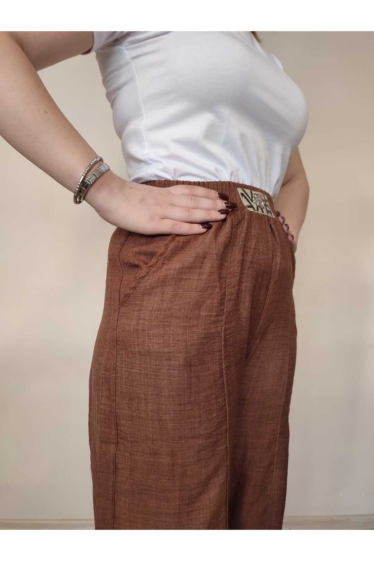 enmodaiçgiyim-High Waist Linen Women's Trousers - Dark Brown Shalwar 2