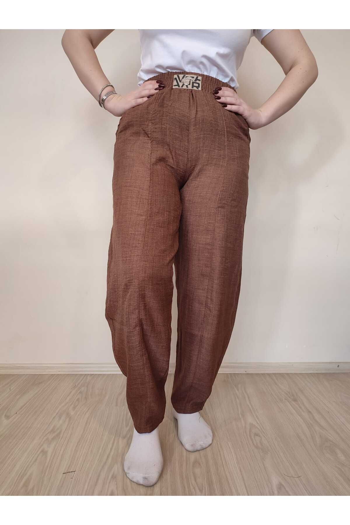 enmodaiçgiyim-High Waist Linen Women's Trousers - Dark Brown Shalwar 1