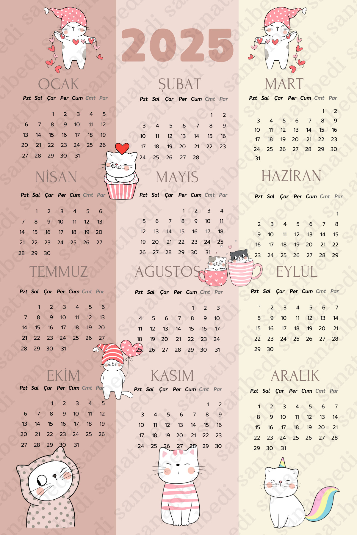 sanatıbedi 2025 Kedi Temalı Takvim Sticker (ARKASI YAPIŞKANLI ETİKET ...