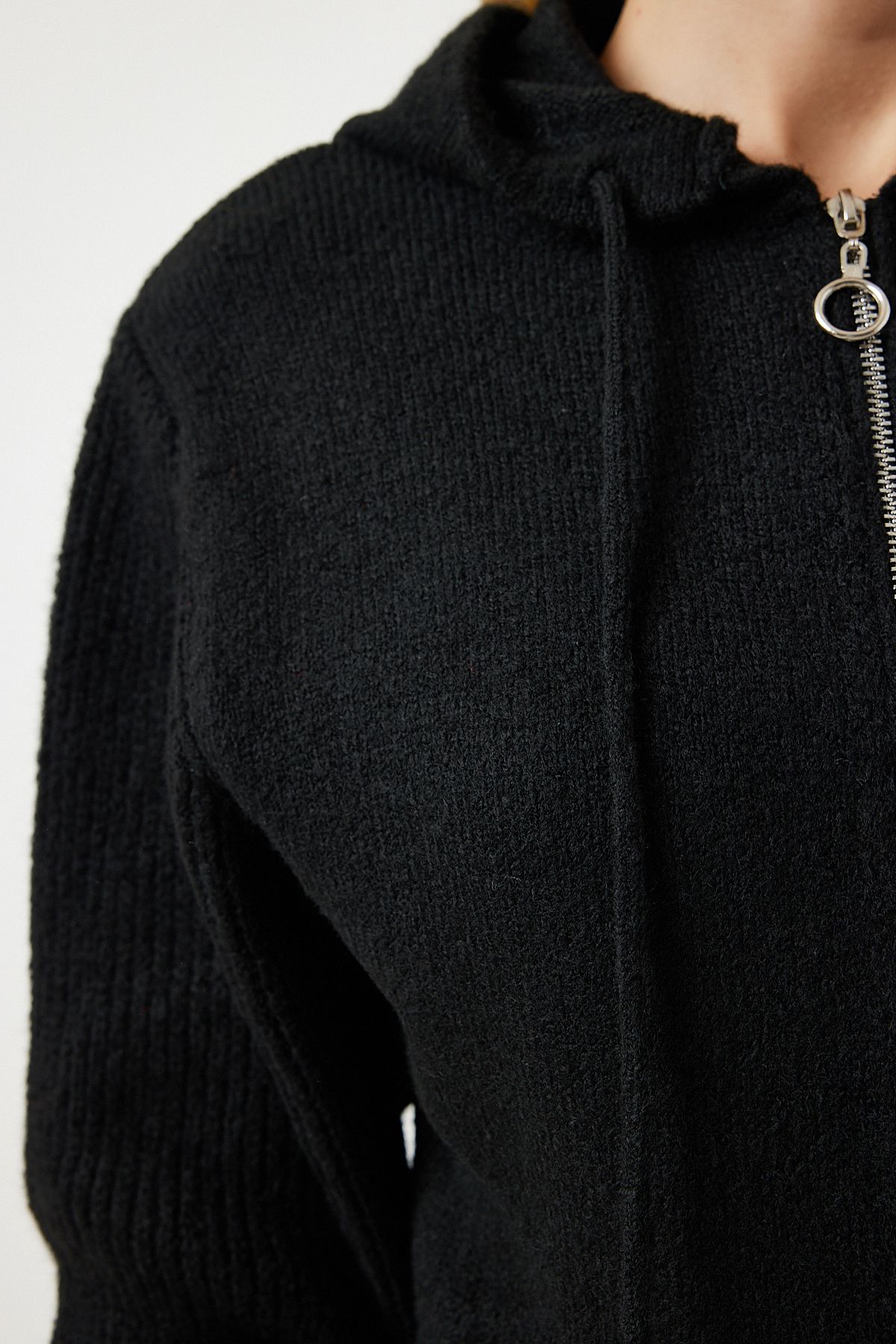 Lovelyİstanbul-Black Knitwear Cardigan - Hooded and Zippered Lyy0074 4