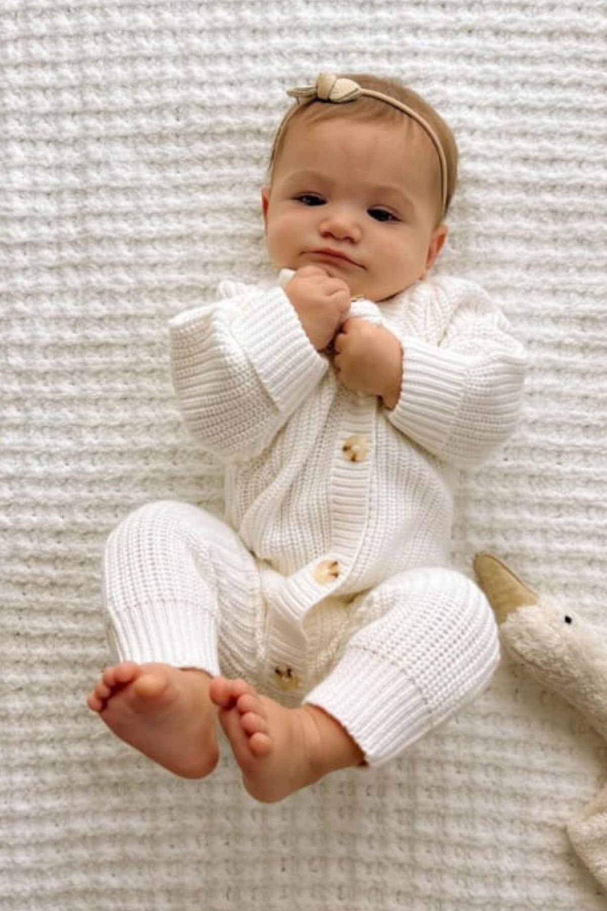 Minytrendy Kız/erkek Bebek Örme Düğme Detaylı Şapkalı Triko Yenidoğan Tulum Takımı-ekru fotoğrafı 3 (önizleme)