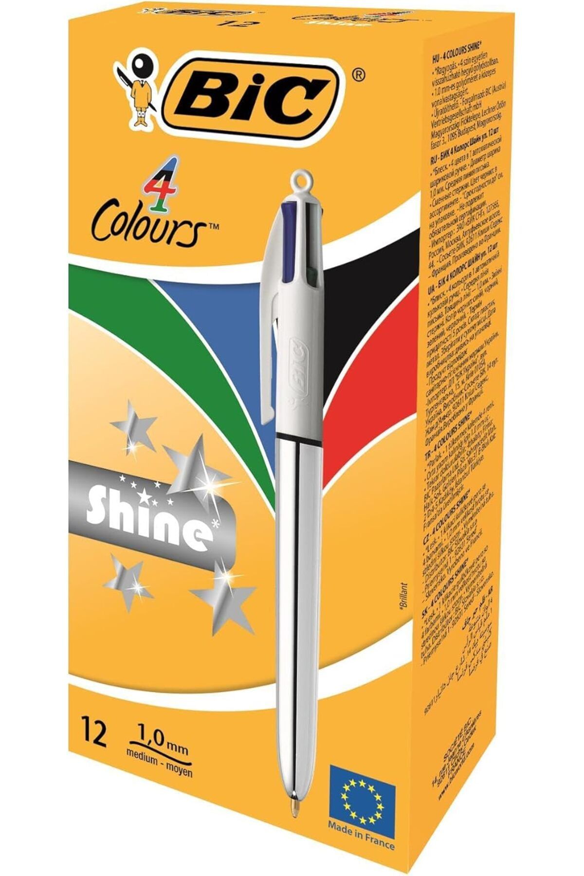 STOREMAX cmllashop 4 Colours Shine Gümüş Gövde Tükenmez Kalem 12'li Kutu, 4 Renk (Mavi, Siyah,Yeşil ve