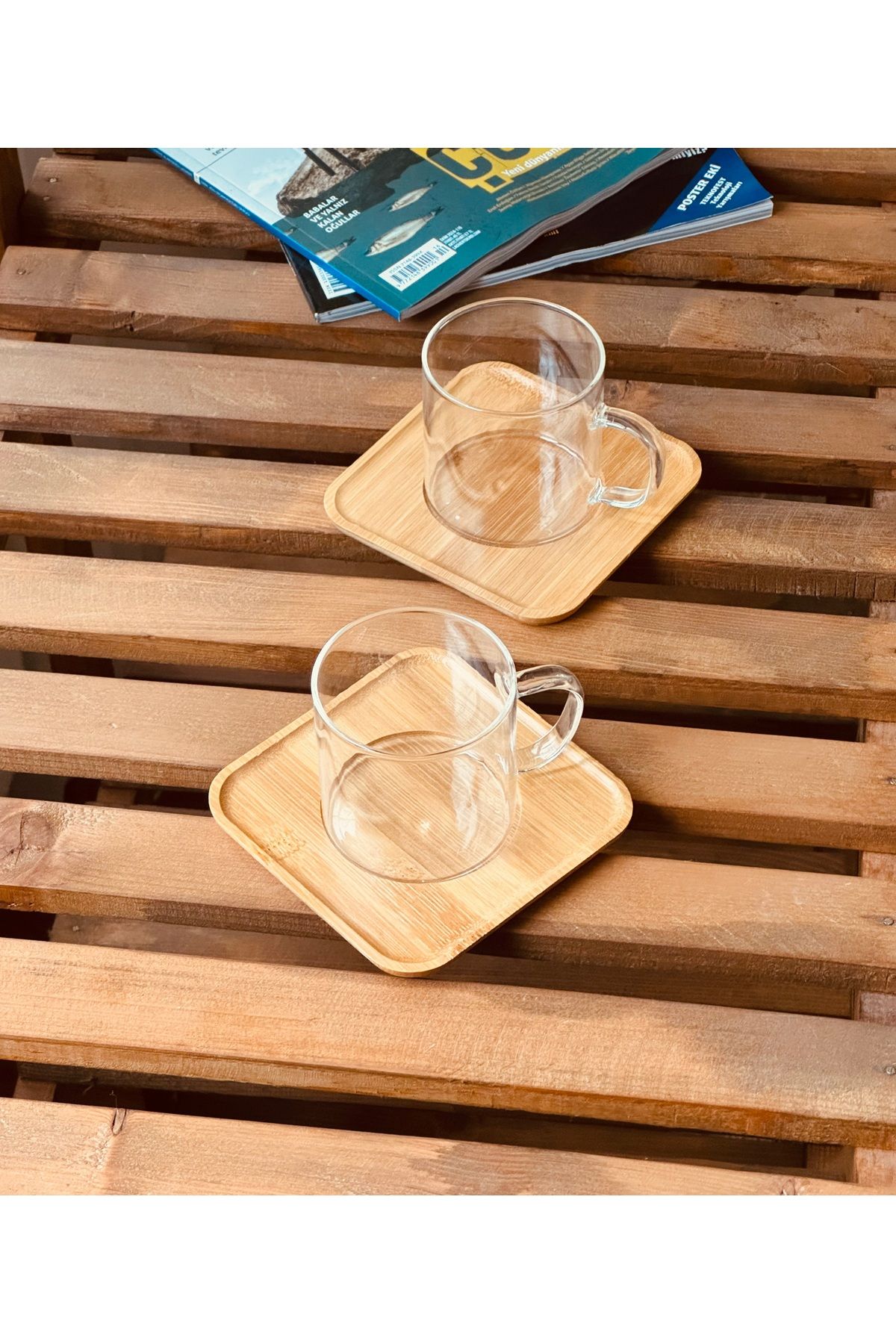 ECO KİTCHEN-2-Piece Glass Tea Cup Set Borasilicate Bamboo Plate 3