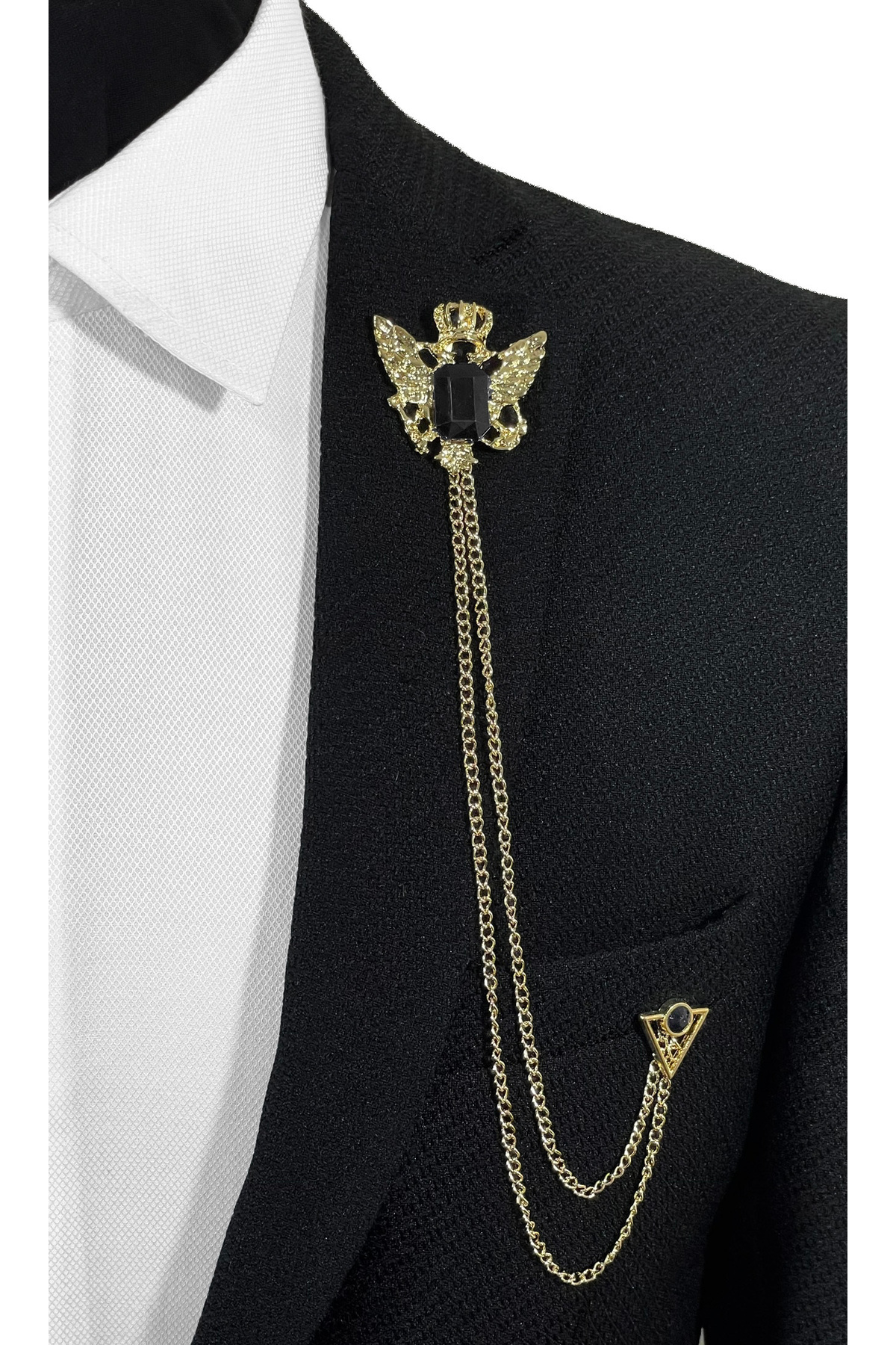  سنجاق سینه زنجیری یقه برگردان با سنگ مشکی طلایی رنگ سری پریمیوم
