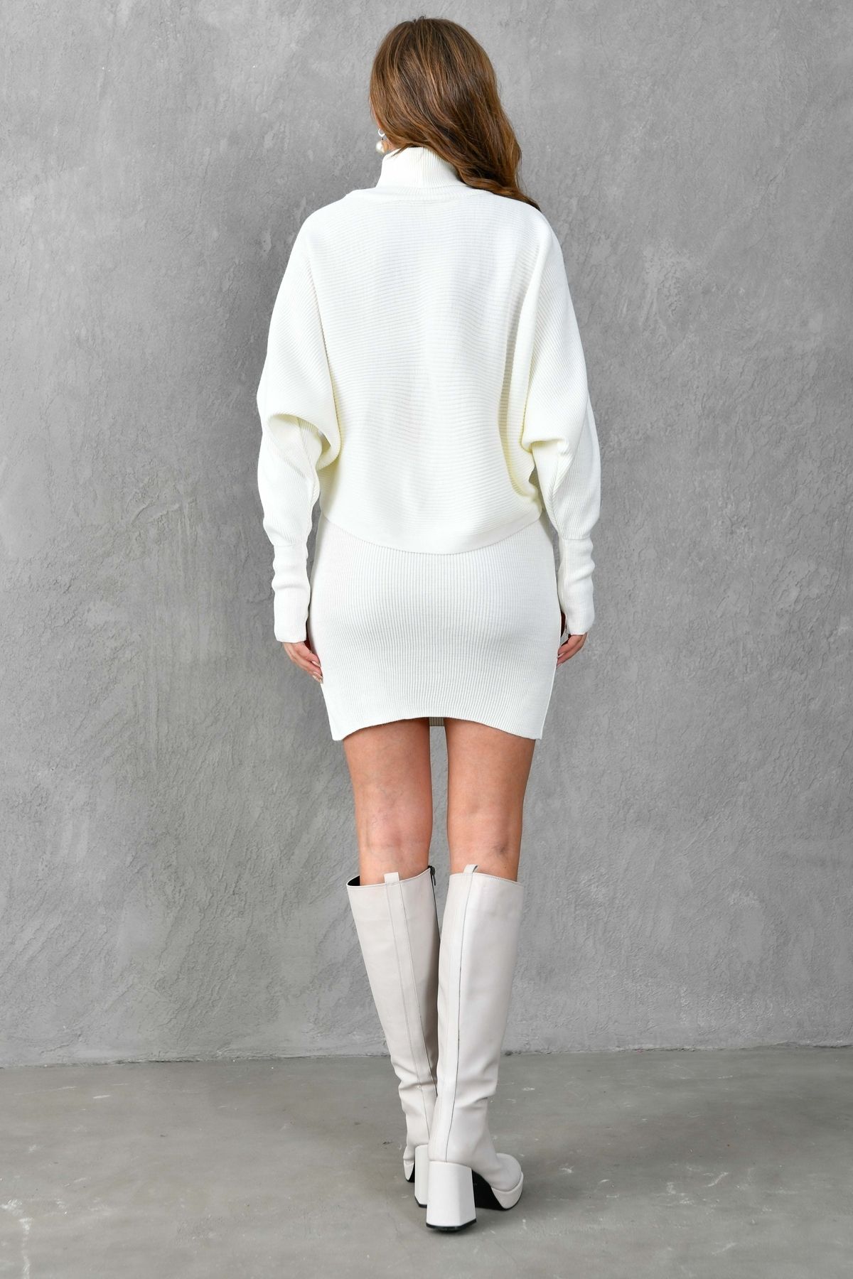 4S1B FASHION-Turtleneck Knitwear Sweater and High Waist Skirt - Hand and Sleeve Design, Ecru 075 4