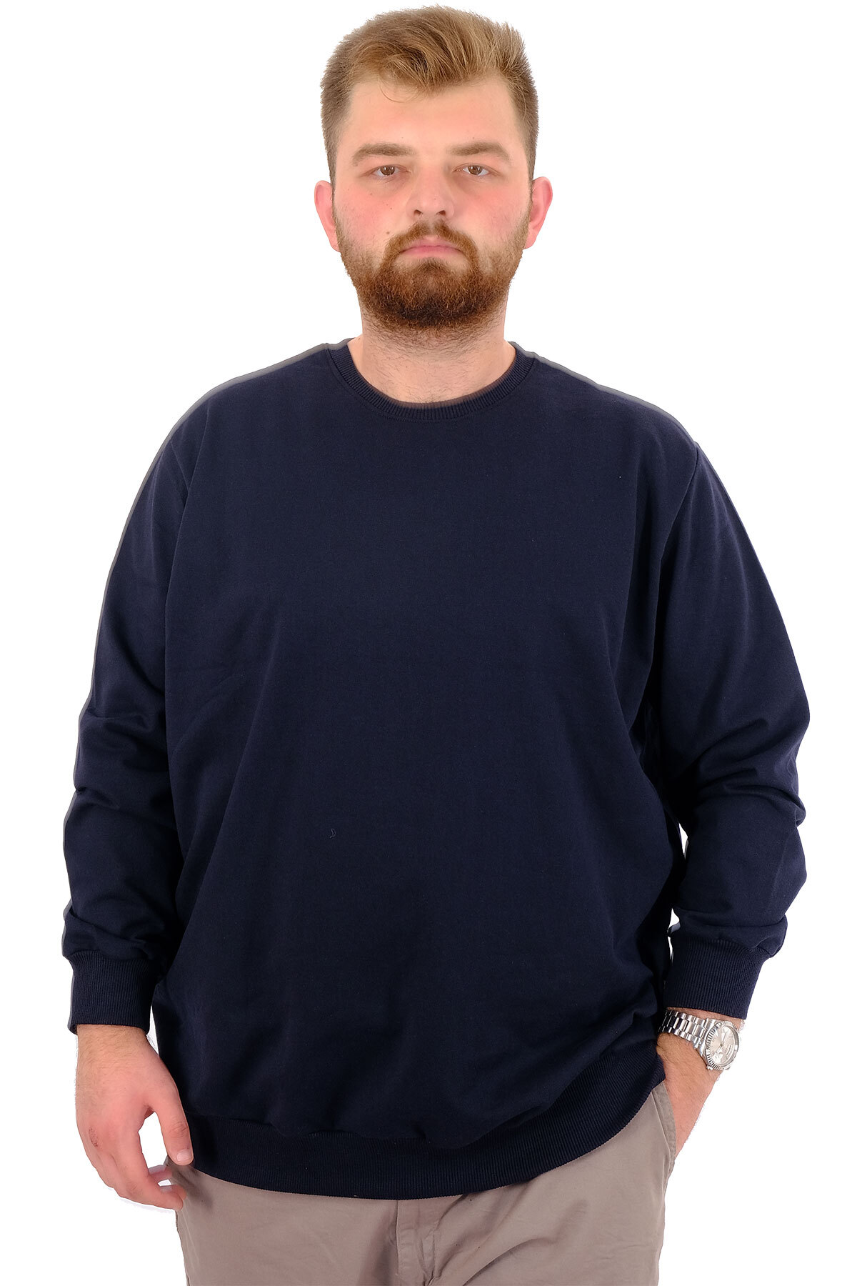 ModeXL Mode XL Büyük Beden Erkek Basic Sweatshirt Bisiklet Yaka Recycle B24529 Lacivert