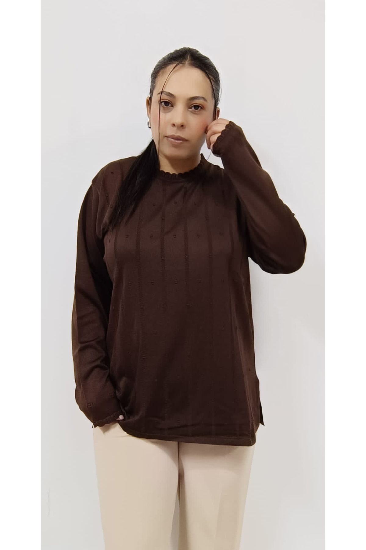 AKŞEN GİYİM-LARGE SIZE LONG SLEEVE THIN CORRATED FABRIC COOL STRING 70 CM SIZE COLLAR WITH LACE 1stQUALITY MOTHER BLUZ 2