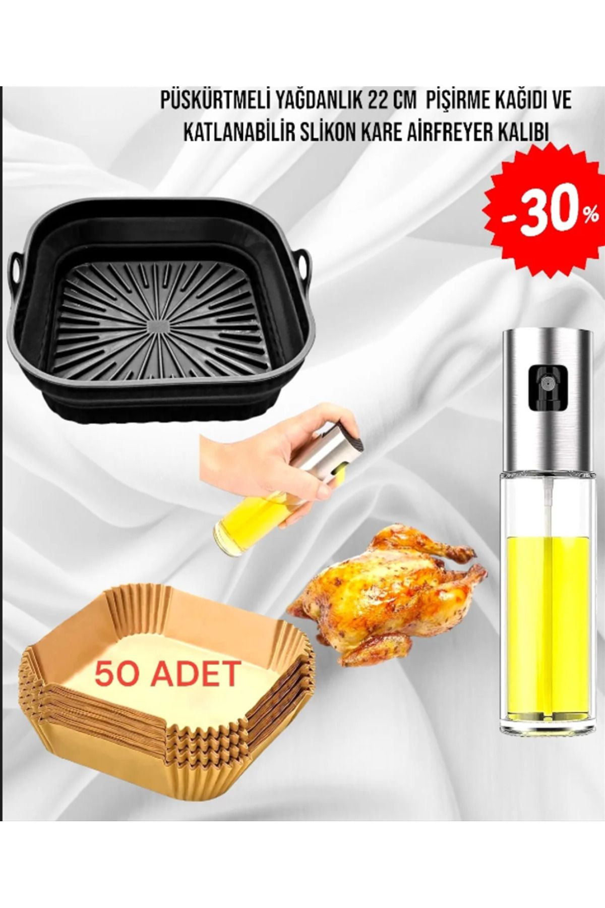 Gead 3lü set Katlanabilir Kare Airfryer Pişirme Kabı Silikon Air Fryer Yagli Kagit50 adet 1sprey yağlık