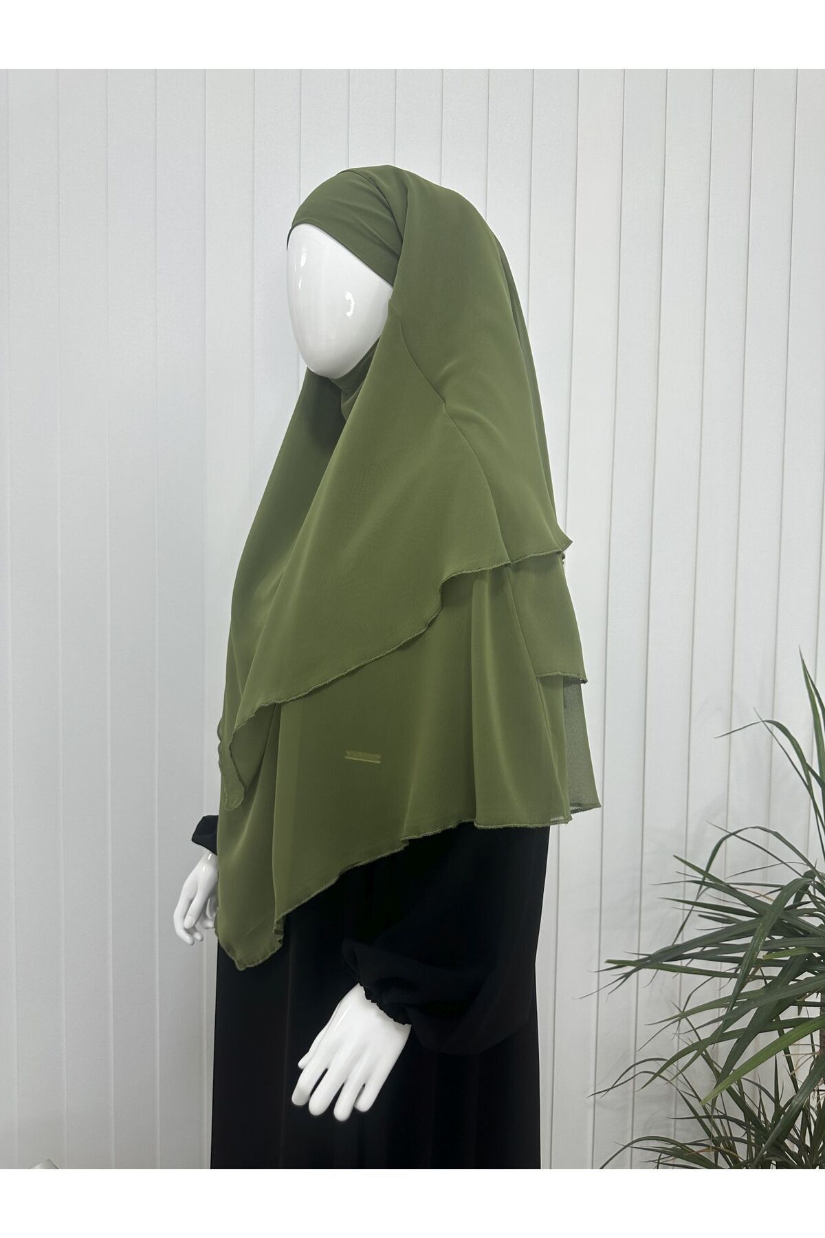 erasra class-Green Colored Three-Layer Multi-Siphon Souffle Scarf - Kimar and Lace-Up Scarf with Veil 2