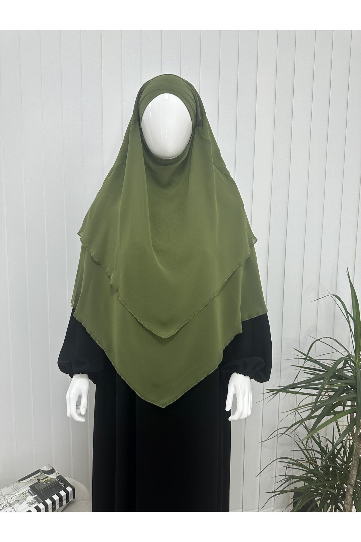 erasra class-Green Colored Three-Layer Multi-Siphon Souffle Scarf - Kimar and Lace-Up Scarf with Veil 1