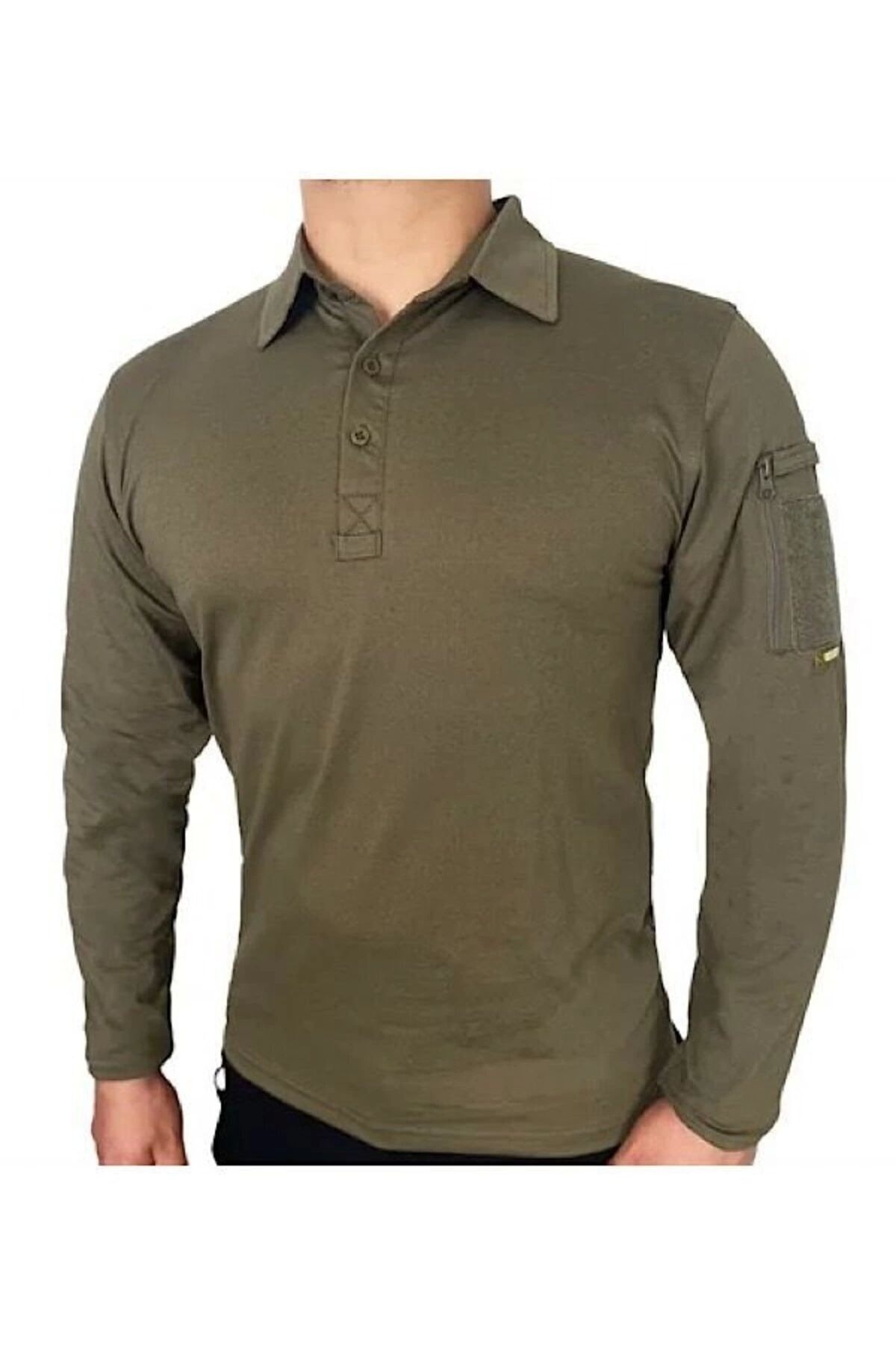 Astüm Askeri Malzeme Kapan Polo Yaka 2 Cepli Uzun Kollu Taktik T-Shirt Haki