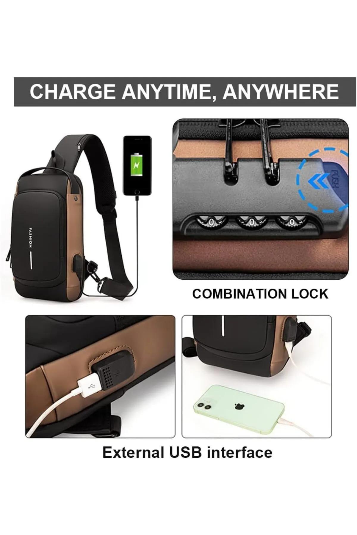 by EKTIREN  Usb Şarj Portlu Kilitli Erkek Omuz Ve Göğüs Çantası - Su Geçirmez Seyahat Ve Günlük Kullanım Fashion - Görsel 4