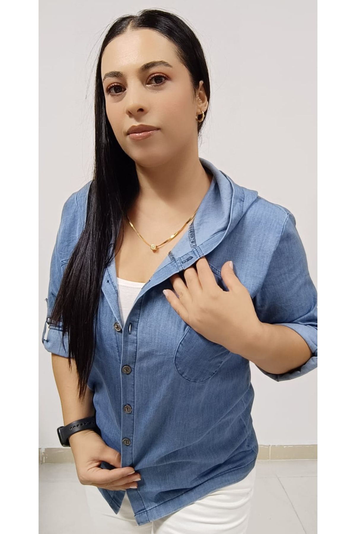 AKŞEN GİYİM-MĂRIME MARE ȚESĂ DE DENIM DE SUBȚIUNE DENIM MÂNECĂ PLIABLE CU MÂNECĂ CU DOUĂ BUZUETE JACKET DE JEAN Cămașă 5