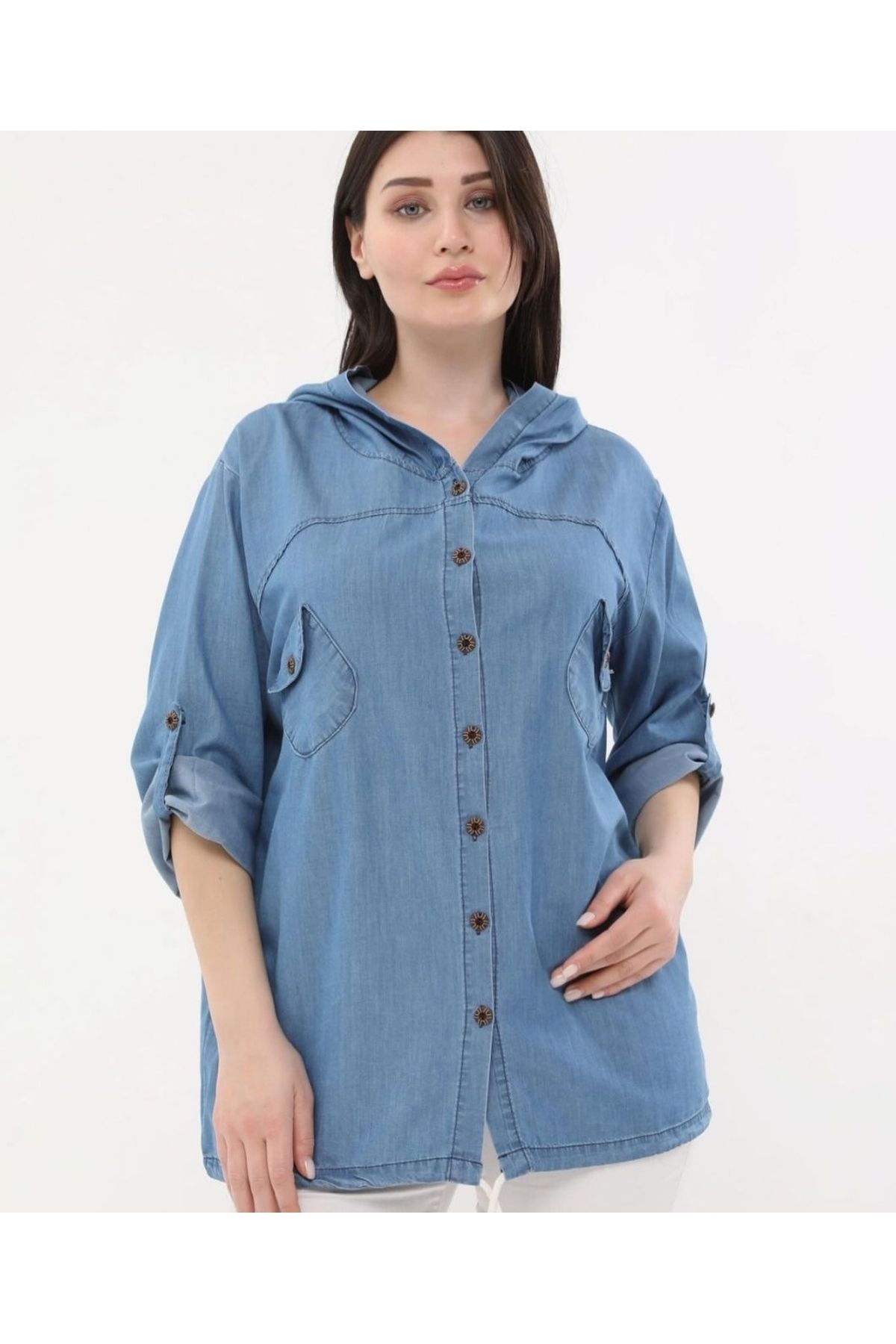 AKŞEN GİYİM-MĂRIME MARE ȚESĂ DE DENIM DE SUBȚIUNE DENIM MÂNECĂ PLIABLE CU MÂNECĂ CU DOUĂ BUZUETE JACKET DE JEAN Cămașă 6