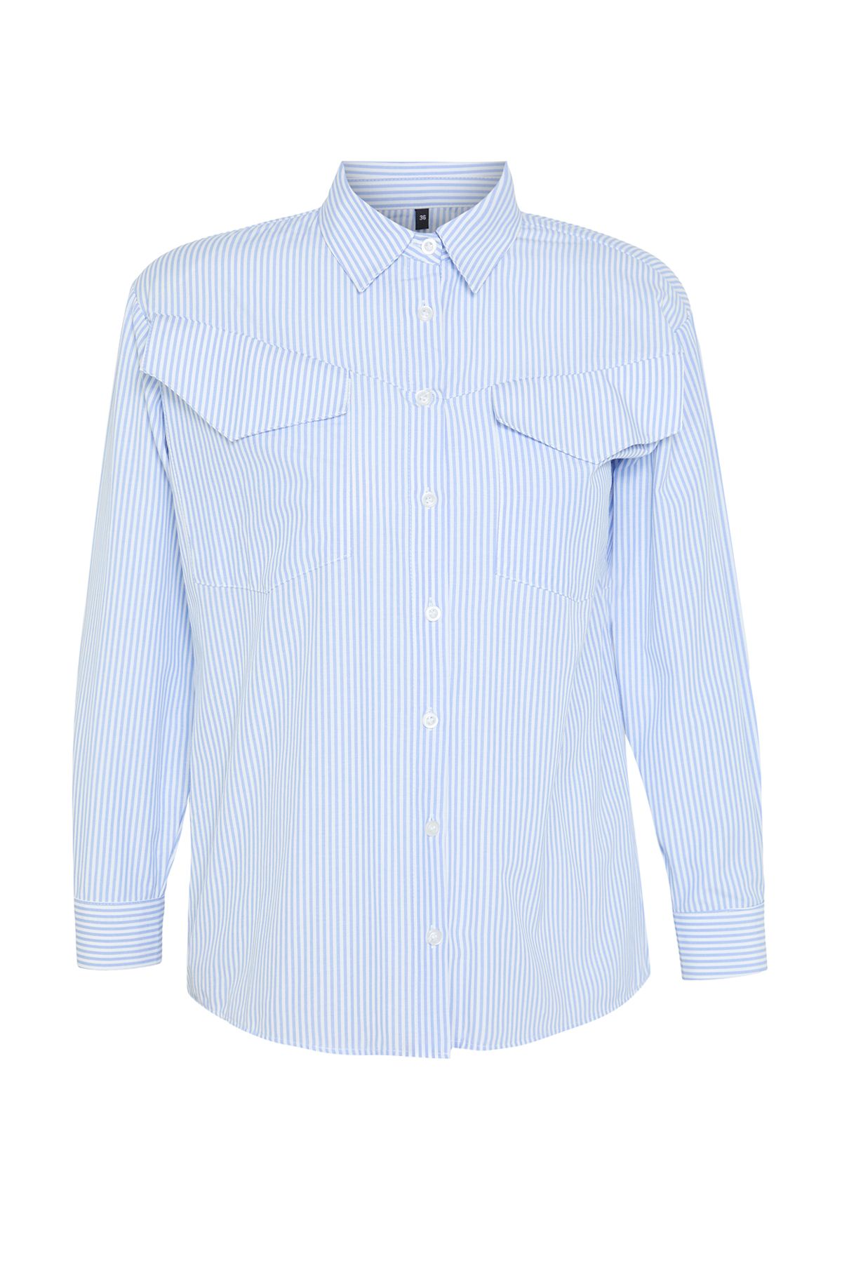 Trendyol Collection-Blau gepolstertes, detailliertes, gestreiftes, übergroßes, gewebtes Hemd mit Taschenbezug TWOAW25GO00051 7