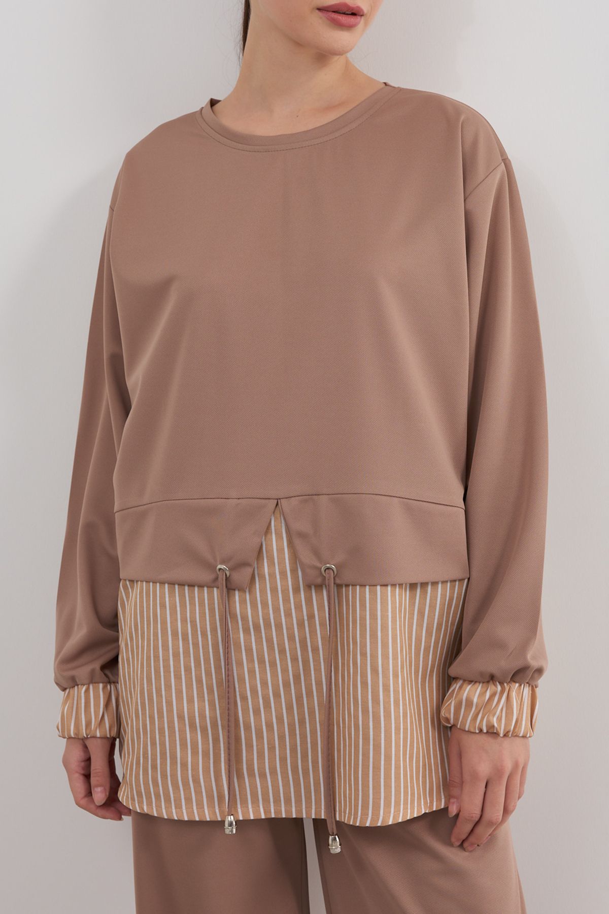 Edit by Trendyol-Beige Striped Color Block Knitted Top and Bottom Set Tedaw25Us00031 5