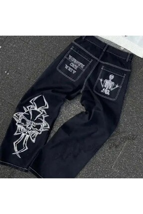 Karakedi Dikiş Detay Siyah Unisex Baggy Jeans