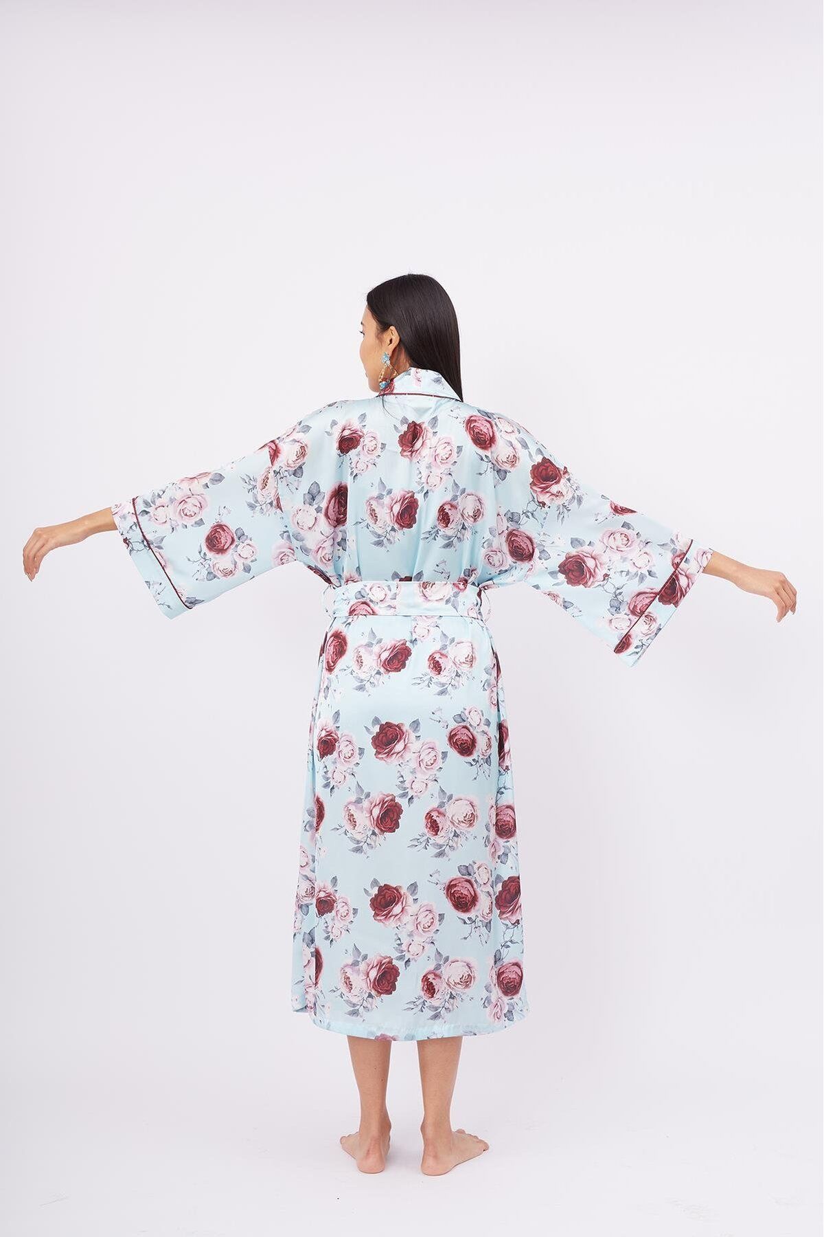 Peraluna-Kimono lung pentru femei din satin cu imprimeu rozmarin turcoaz - Kimono 6