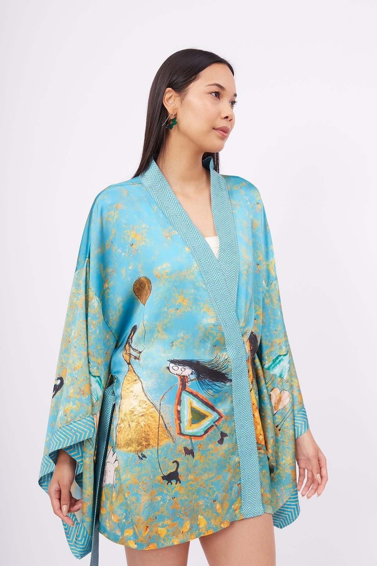 Peraluna-Turquoise Joy Short Kimono Printed Satin Women's Kimono 2