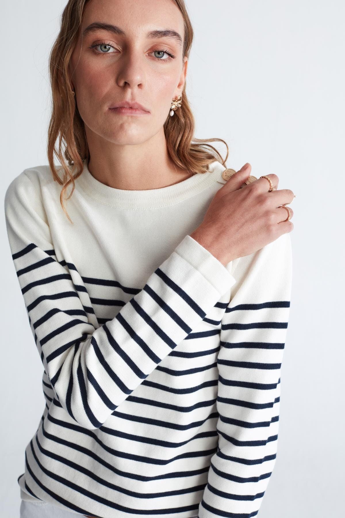 Peraluna-Styleboom X Audrey Pullover Shoulder Buttoned Striped Organic Cotton Seasonal Women's Knitwear Sweater 6