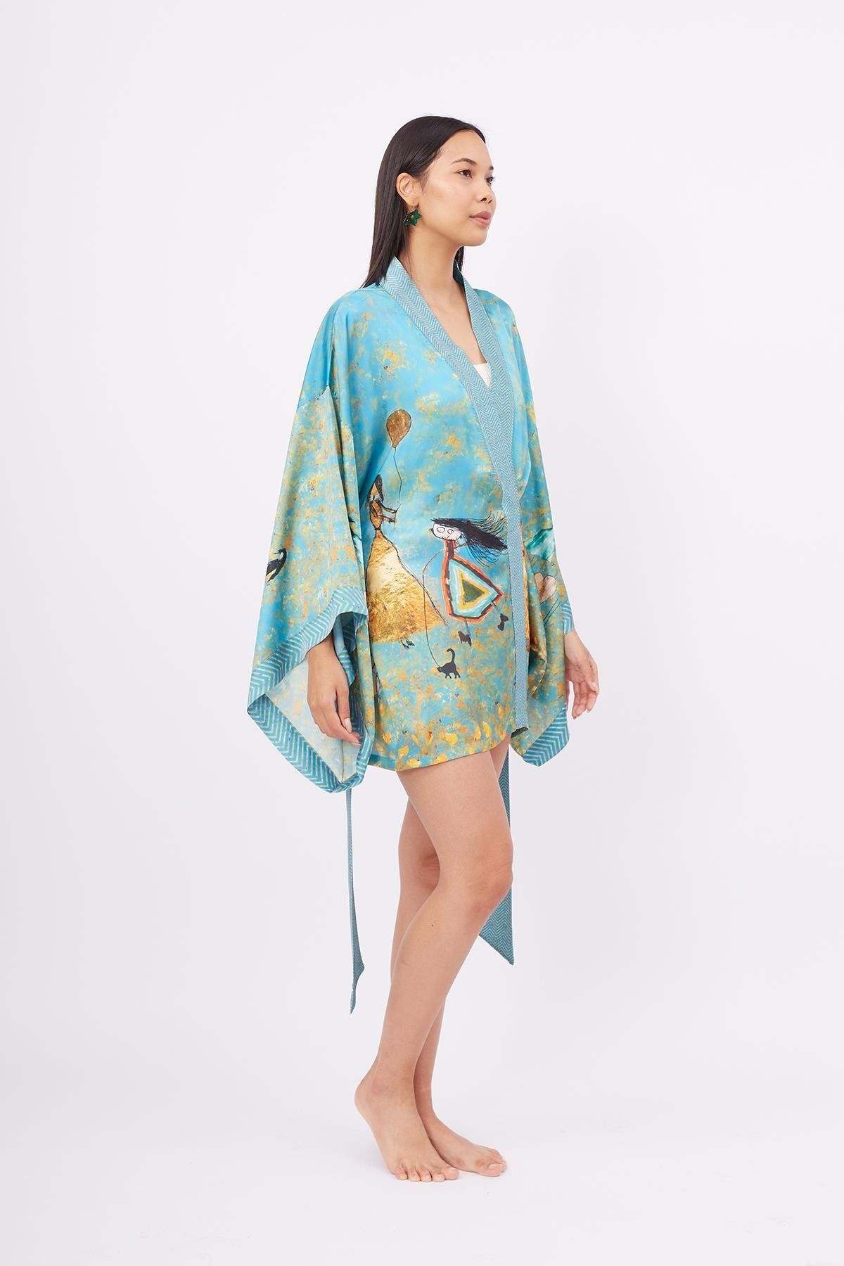 Peraluna-Turquoise Joy Short Kimono Printed Satin Women's Kimono 8