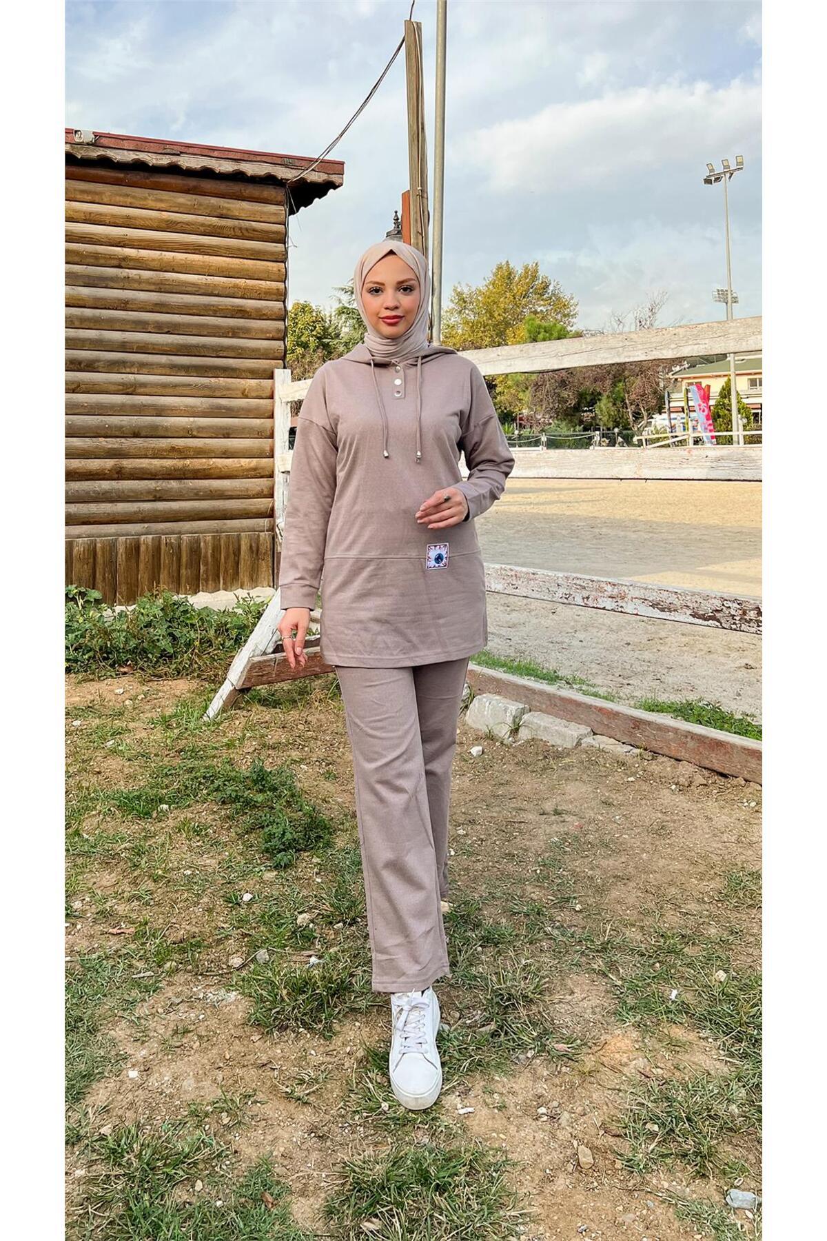 Bwest Kapşonlu Çıtçıtlı Sade Basic İkili Eşofman Spor Takımı - 03036.016 - Vizon