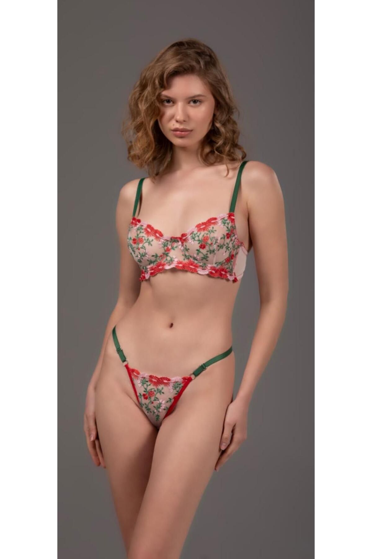 İNKO İÇ GİYİM-Set de sutien din tul cu sârmă florală (tanga sutien) 8