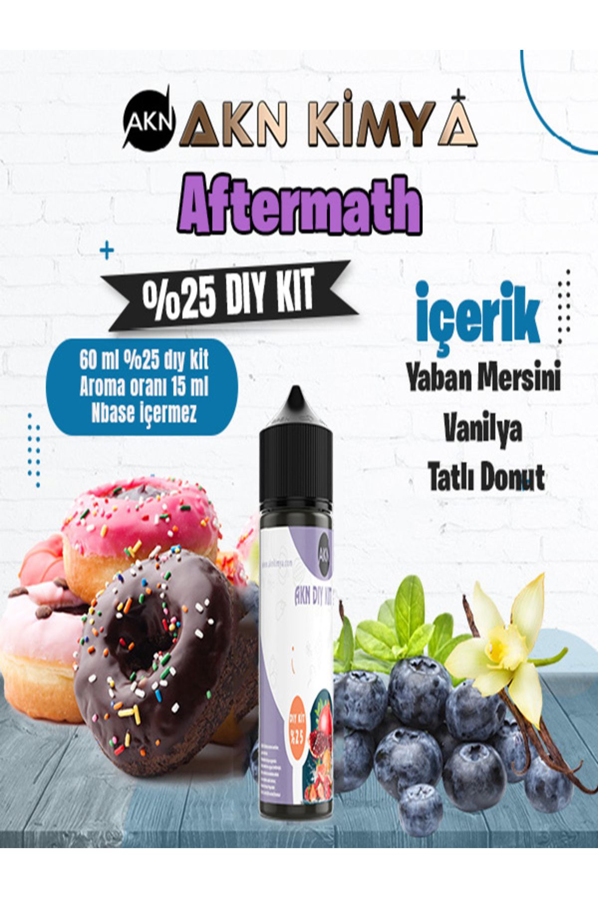 akn kimya Aftermath Yoğun Dıy Kit Yabanmersini Tatlı Donut Gıda Aroması 60 ml Yüzde 25 oranda aroma içerir