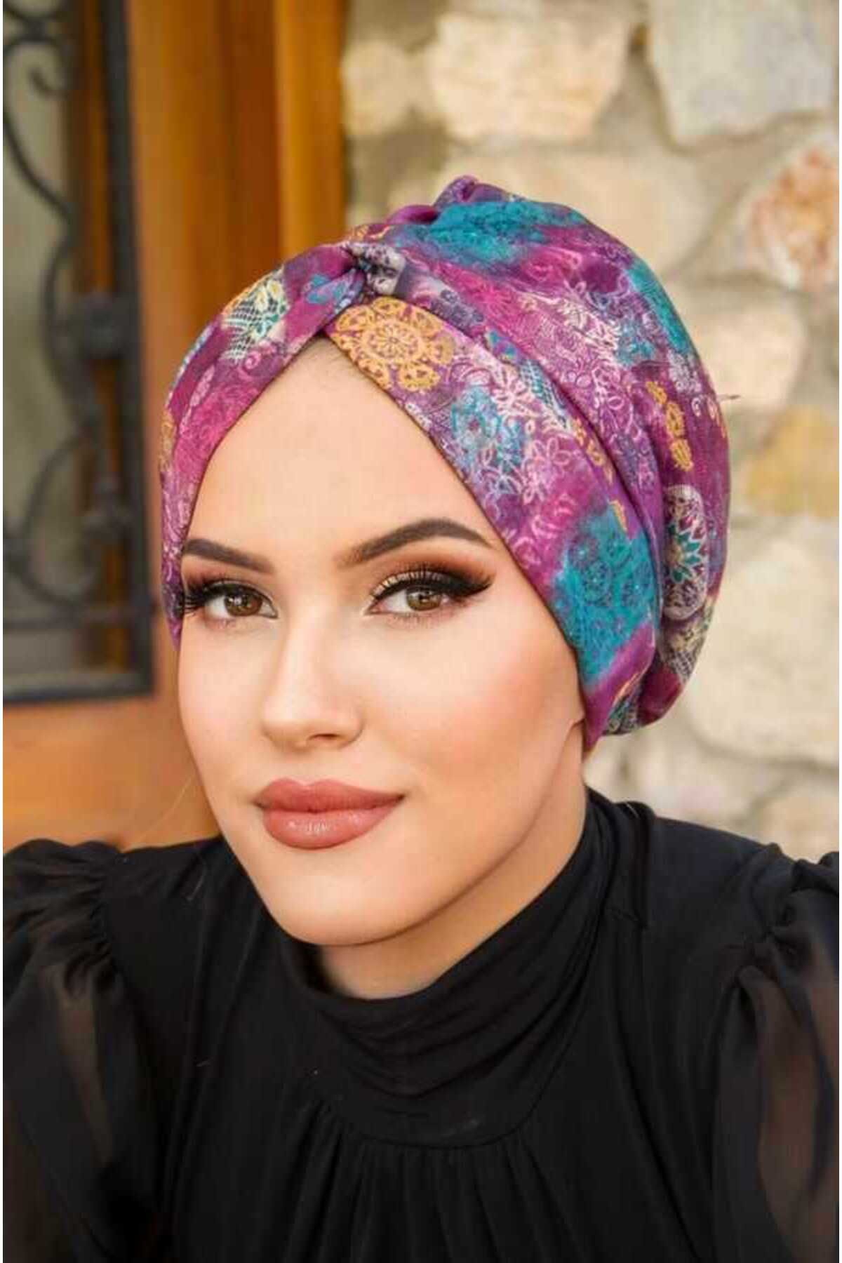 Aişe tesettür-Plum Ethnic Ready Twisted Knot Bonnet 1