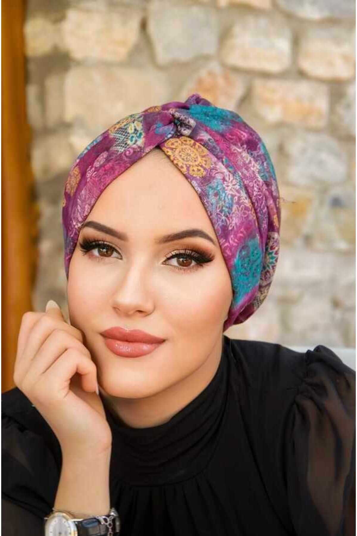 Aişe tesettür-Plum Ethnic Ready Twisted Knot Bonnet 3