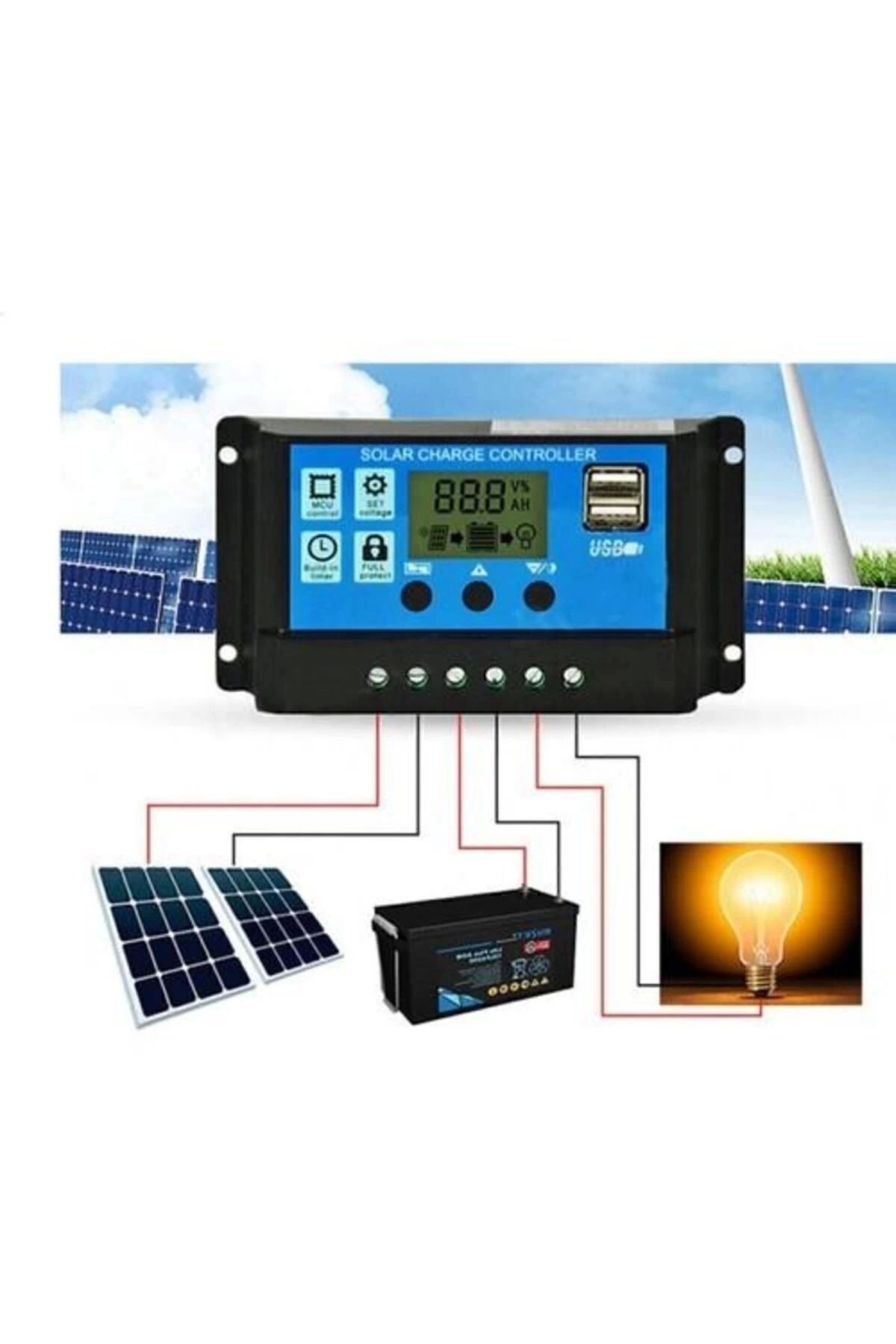 Solar Güneş Paneli Akü Şarj Kontrol Cihazı 10 Amper-12v 24v