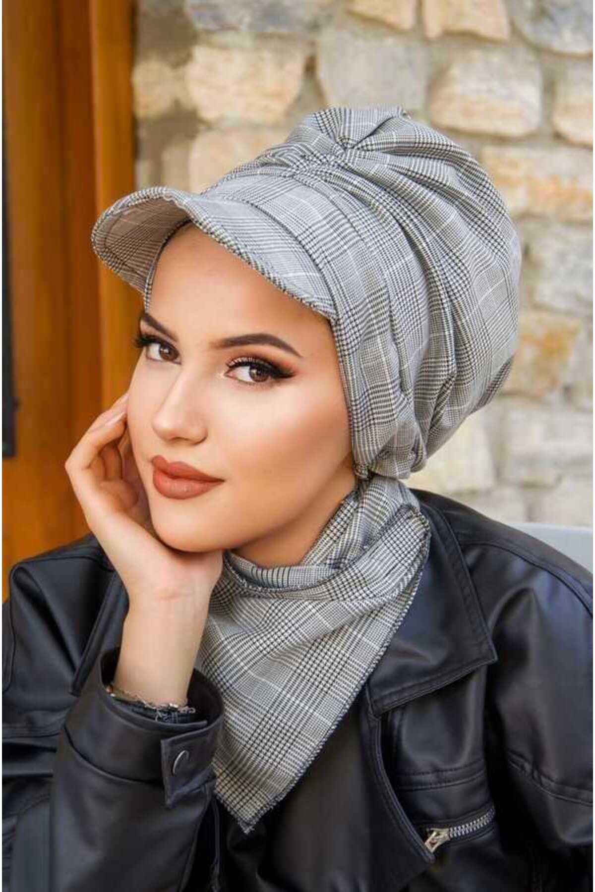 Aişe tesettür-Gray Plaid Shirred Hijab Hat 1