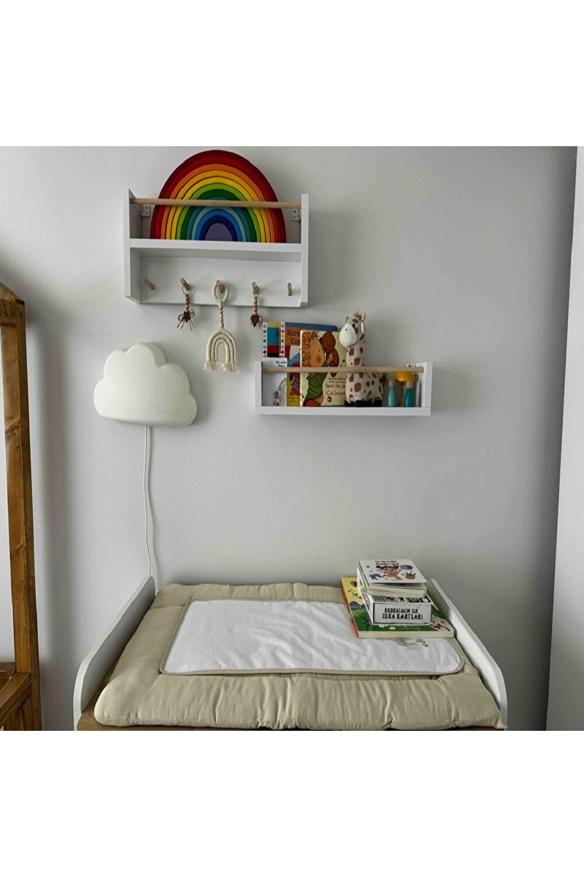 dekomar Montessori 50cm 2 Li Set Raf Askılık Beyaz- Naturel Ahşap fotoğrafı 2 (önizleme)