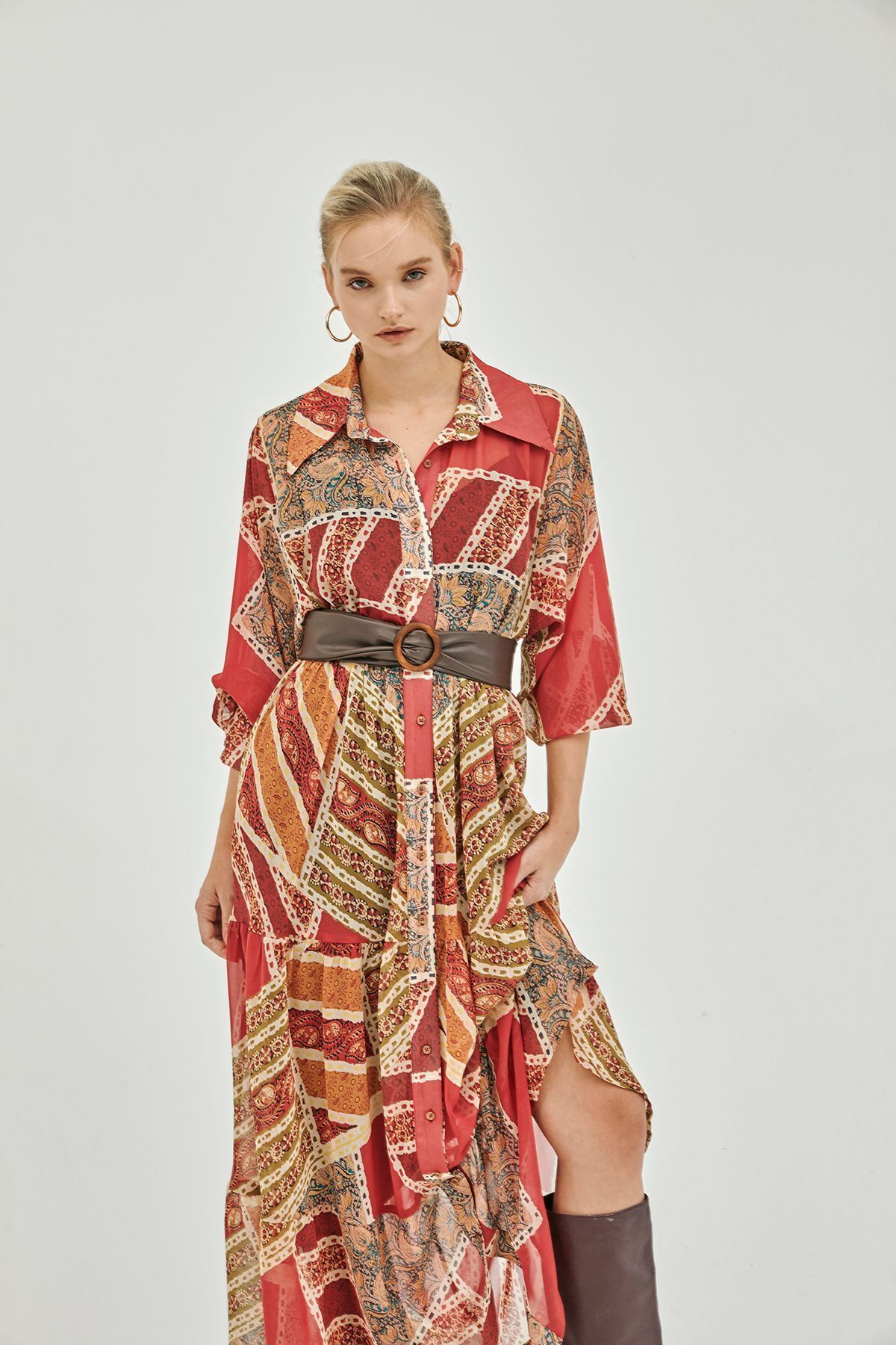 Pilea-My Elina Patch Print Front Button Belted Chiffon Dress 3