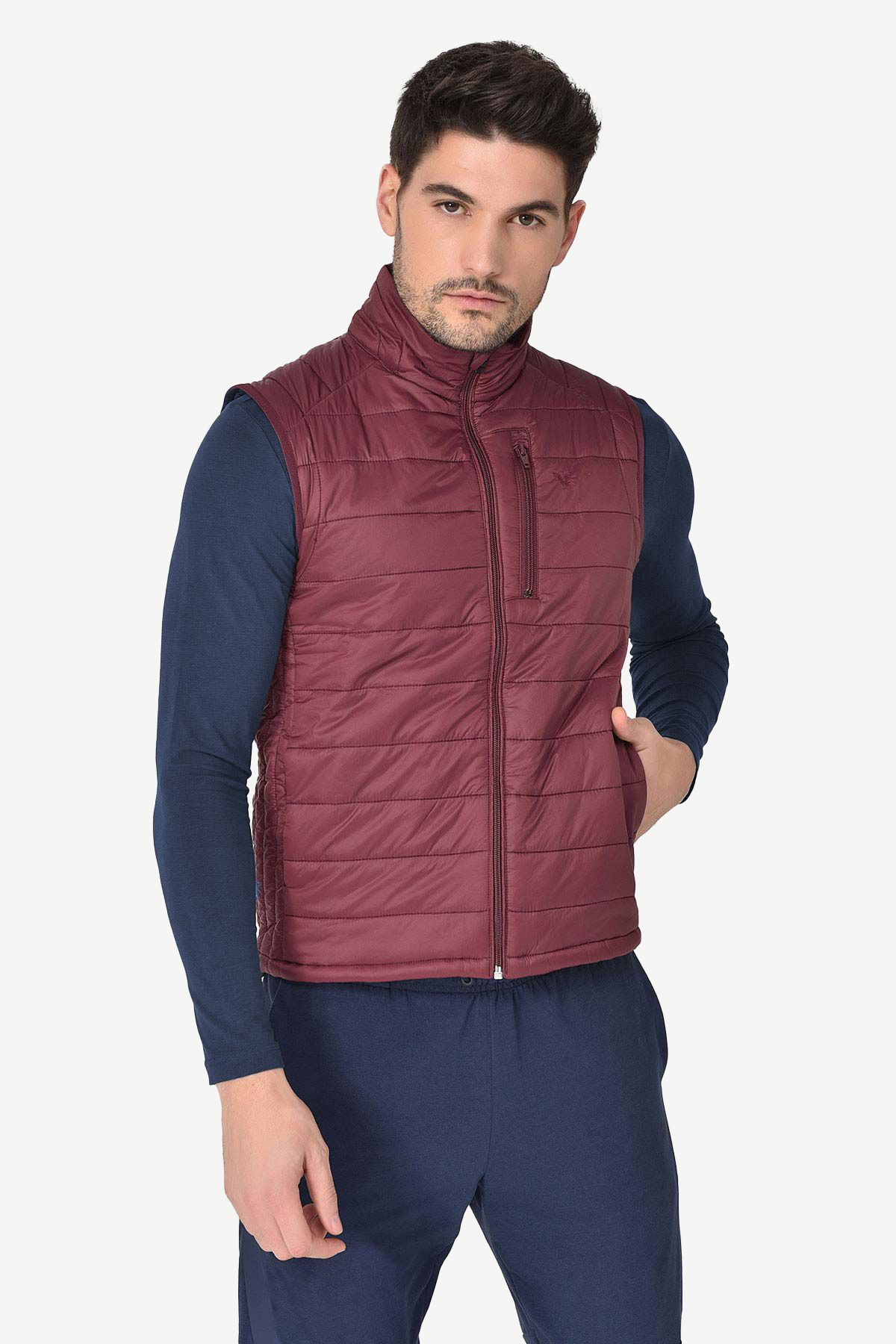 bilcee-Men's Claret Red Pocket Zippered Zero Sleeve Daily Vest 1268 2