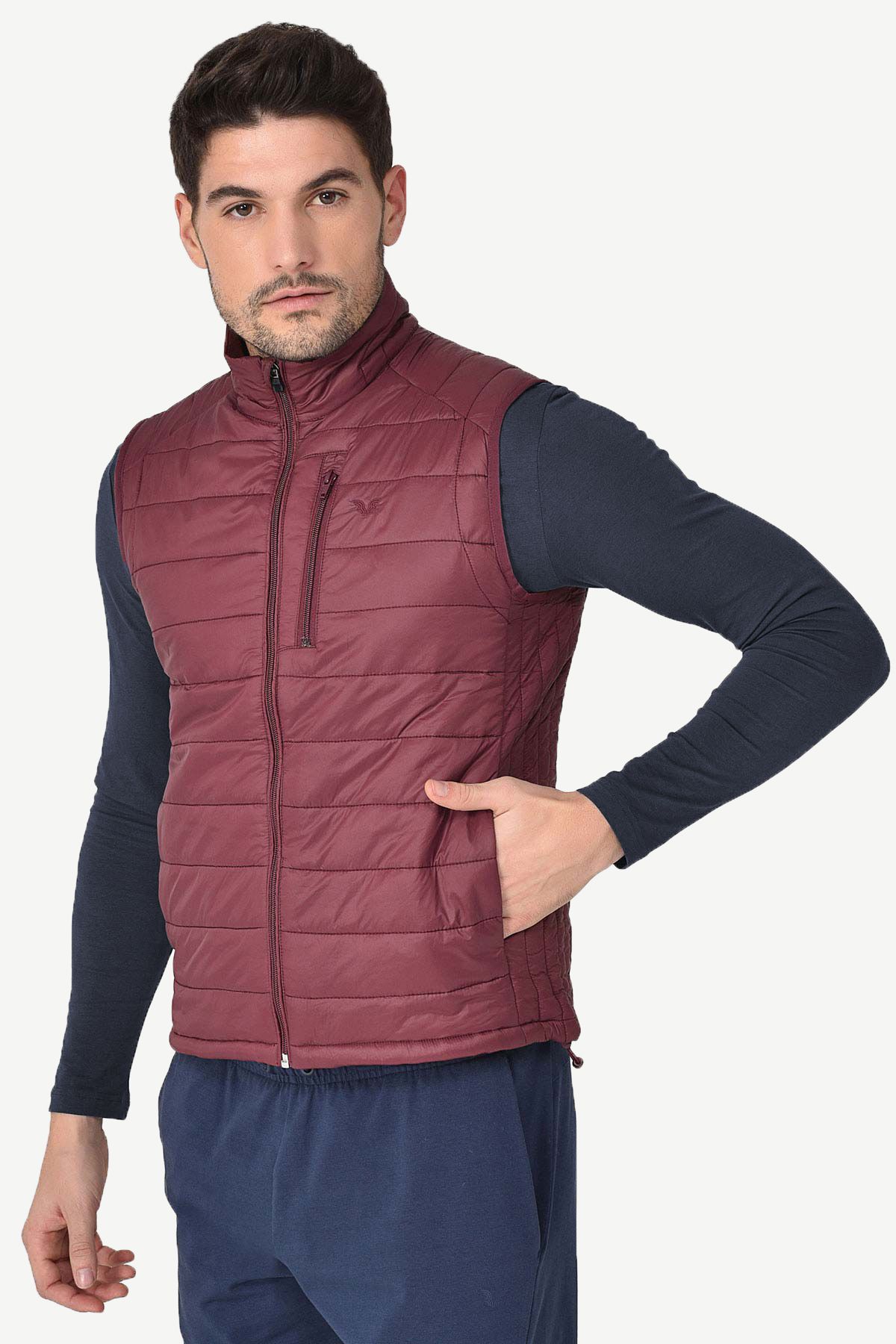 bilcee-Men's Claret Red Pocket Zippered Zero Sleeve Daily Vest 1268 1