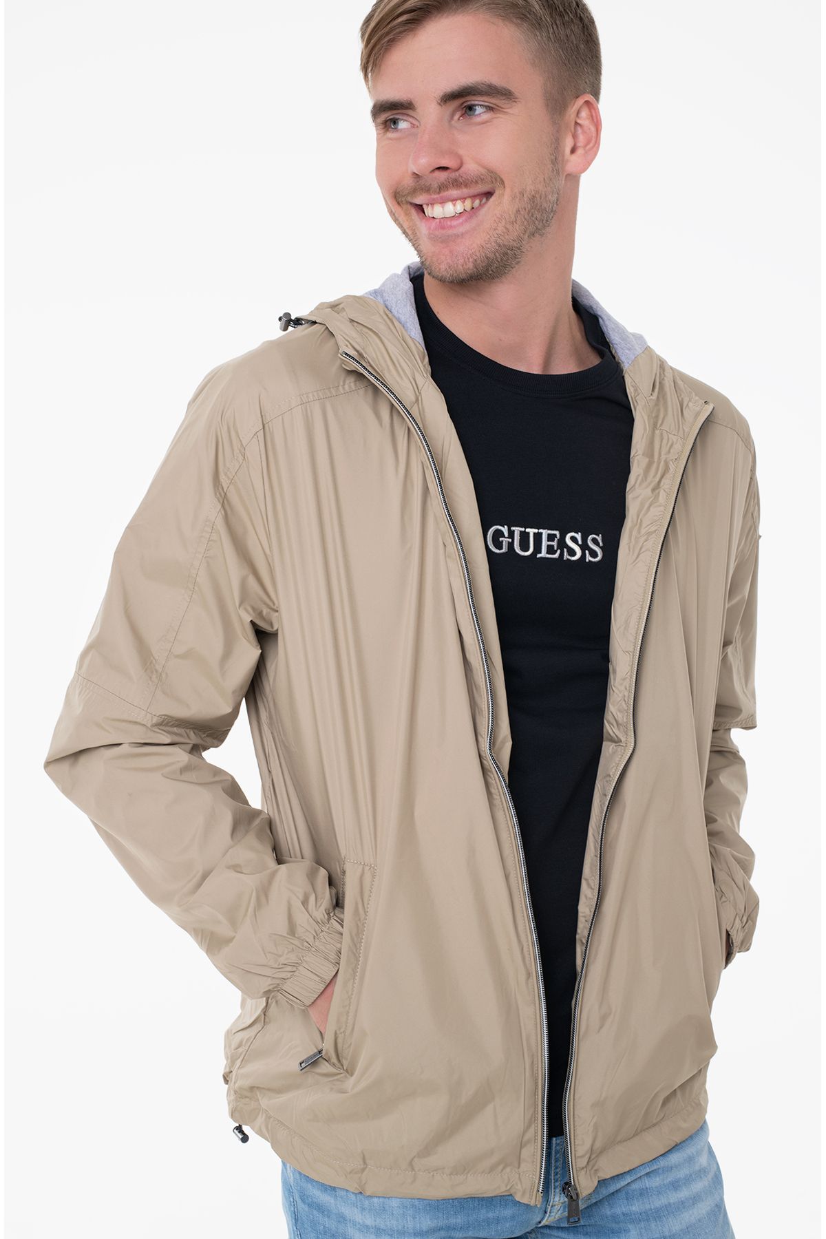 Guess-Men's Hooded Collar Lined Beige Jacket with Elastic Sleeves M4Gl08 Wg3B2-F13E 1