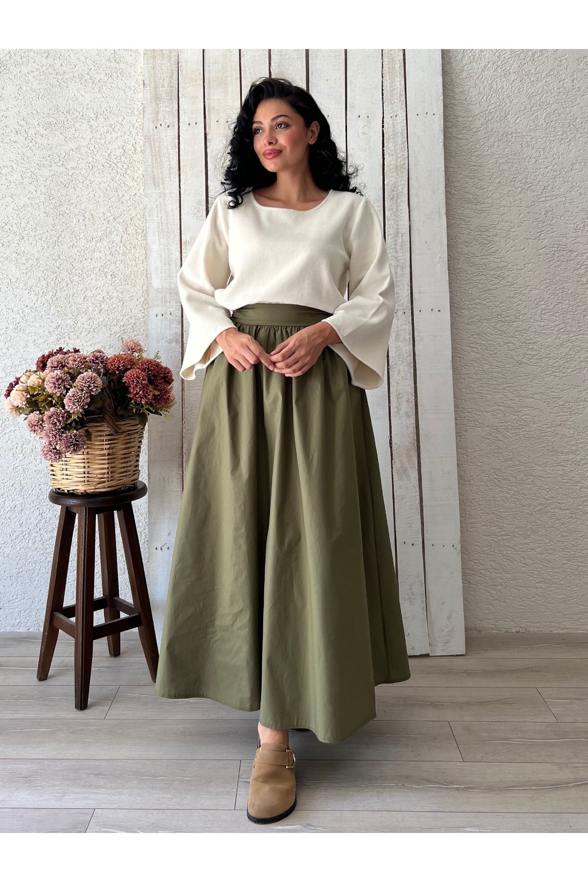 KÜÇÜĞÜM BUTİK-Khaki Green Flared Gathered Poplin Skirt 1