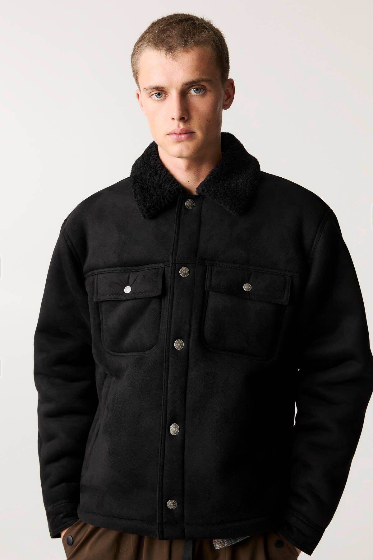 Pull & Bear-Faux Suede Jacket with Artificial Wool Collar 5